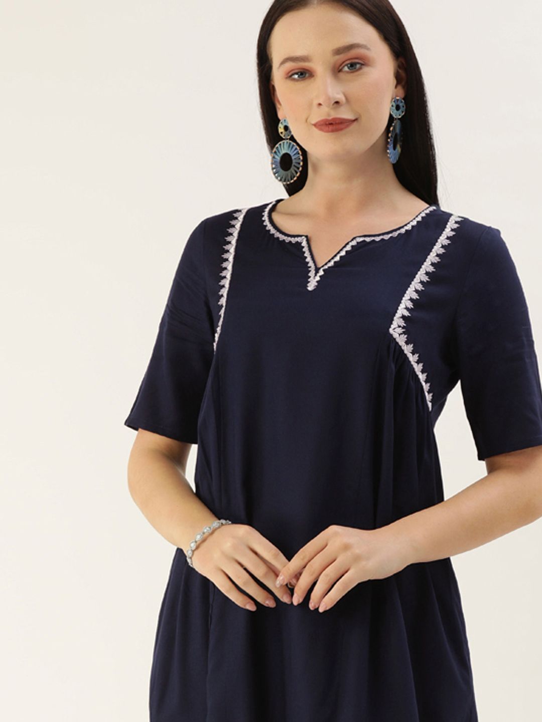 all about you Women Navy Blue & White Thread Work Solid Kurta Price in India