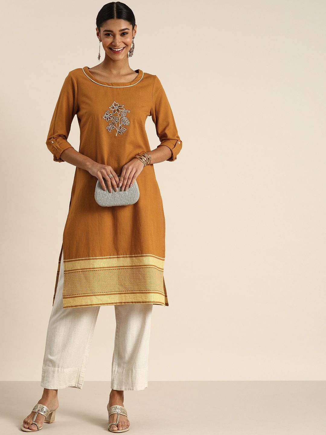 all about you Women Mustard Brown Ethnic Motifs Yoke Design Thread Work Kurta Price in India