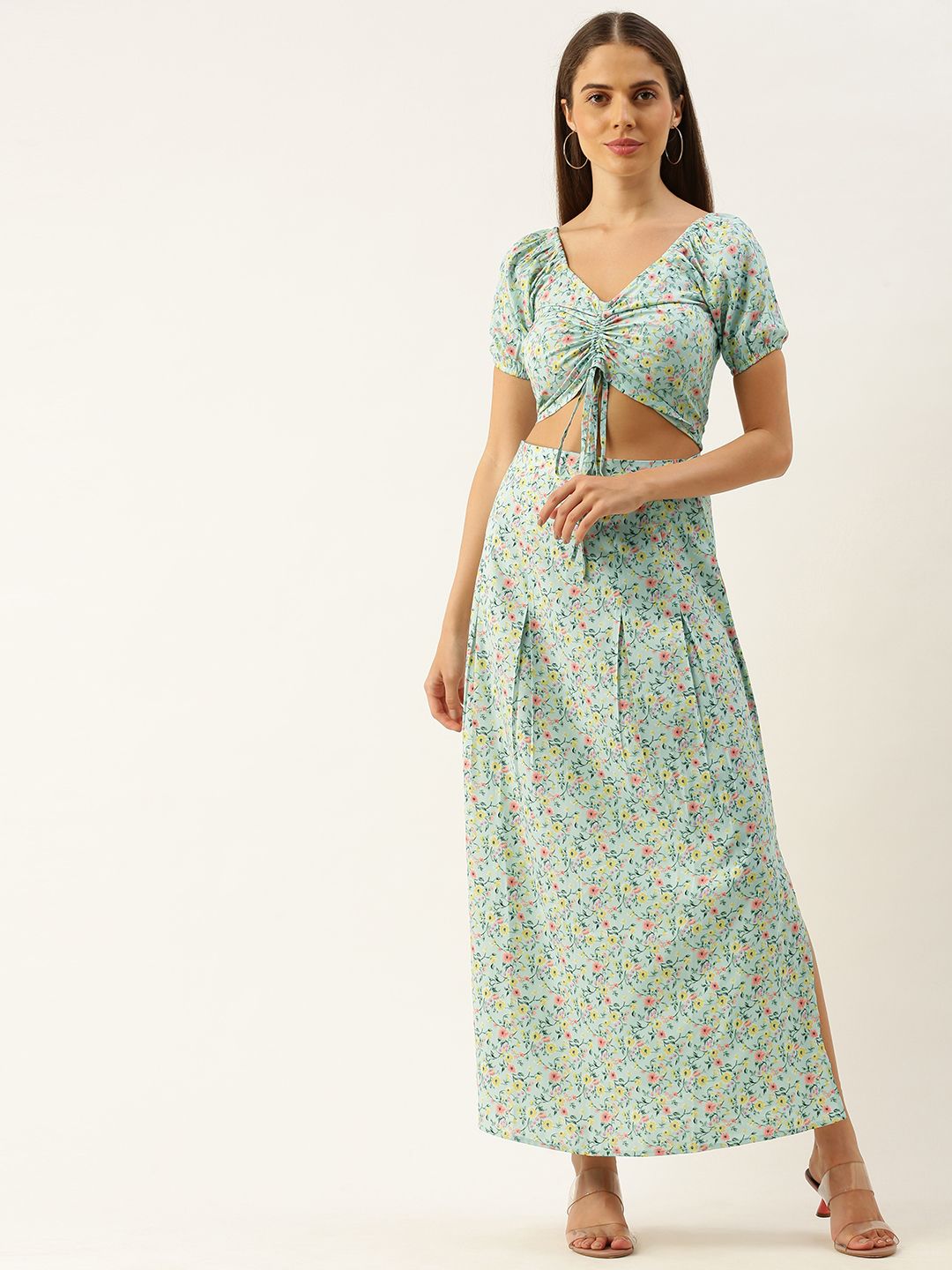 Berrylush Women Green & Yellow Floral Printed Co-ordinate Sets Dress