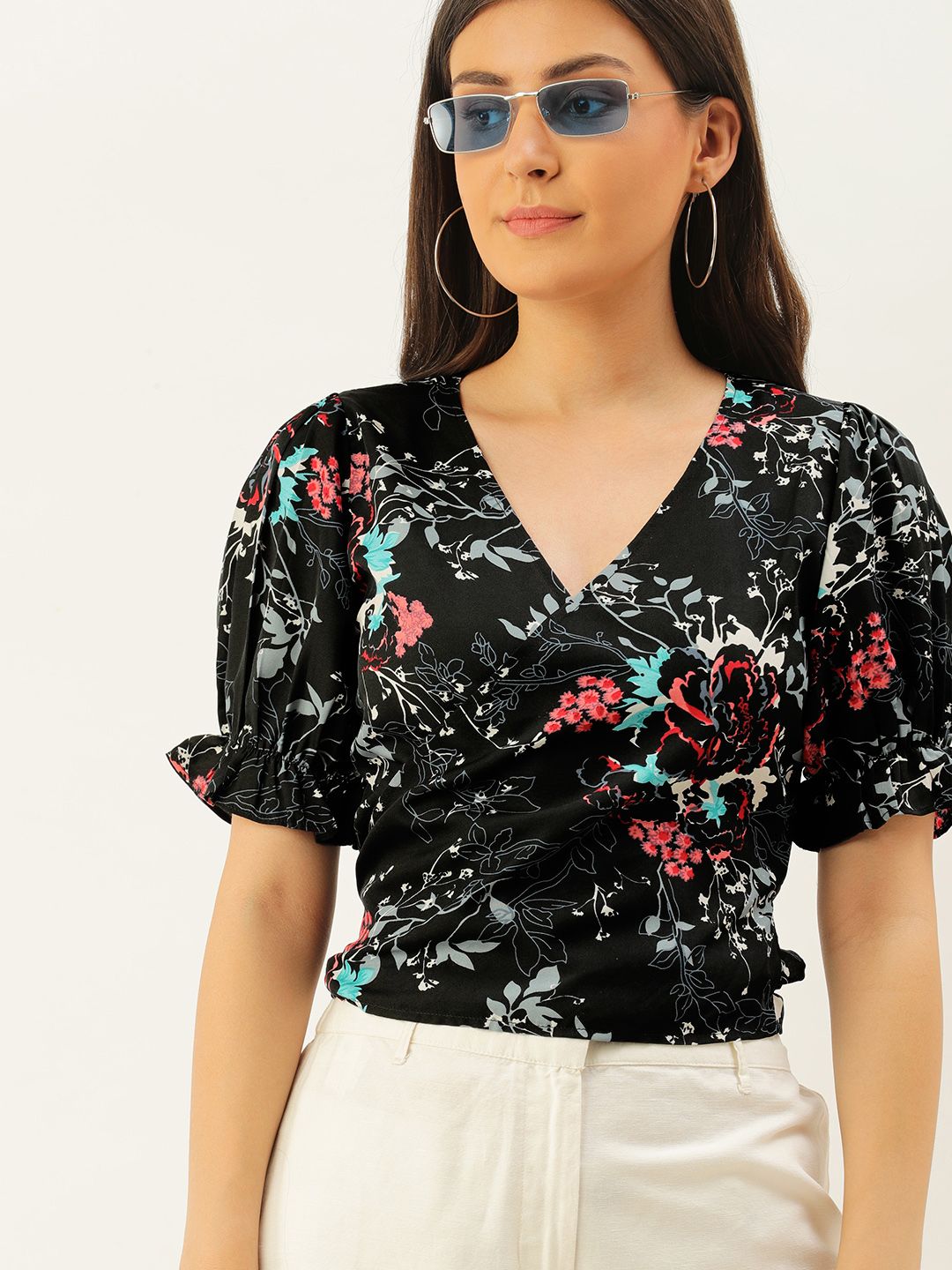 Berrylush Black Floral Printed Puff Sleeves Crepe Wrap Crop Top