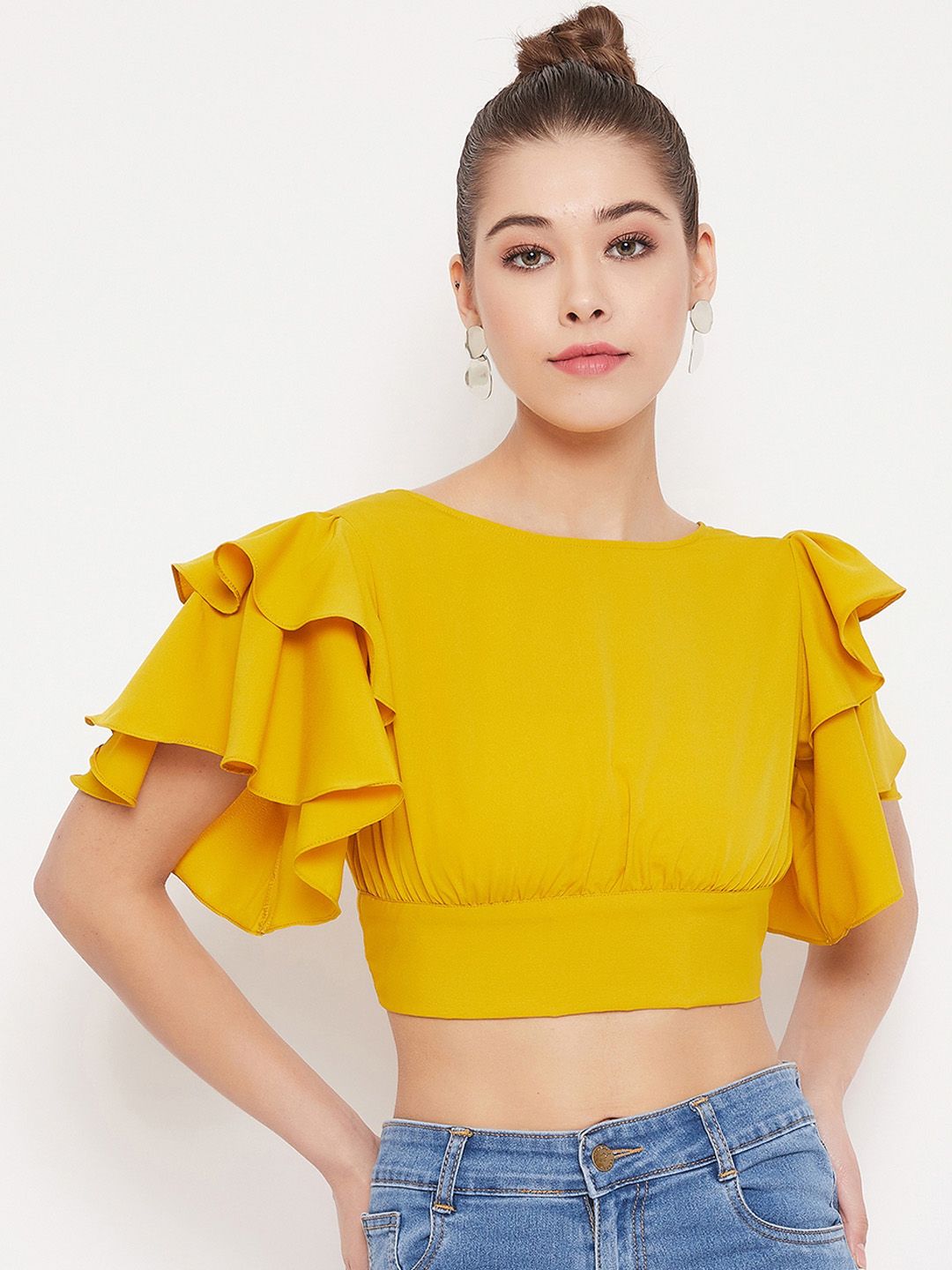 Berrylush Mustard Yellow Flutter Sleeves Styled Back Crop Top Price in India