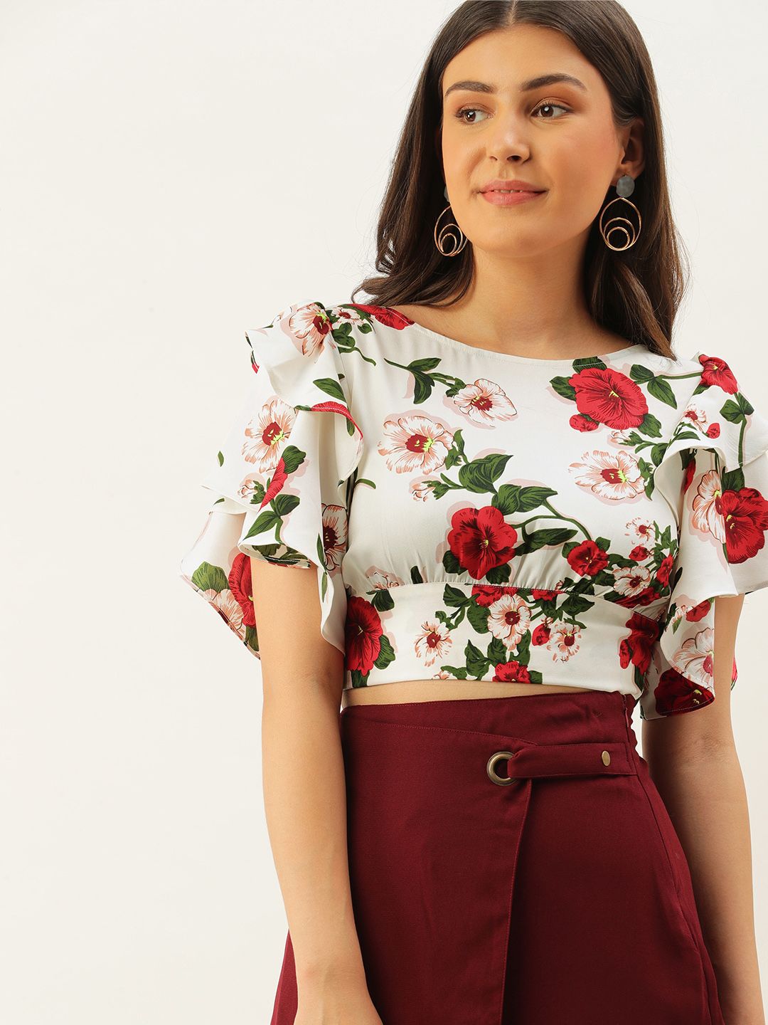 Berrylush White & Red Floral Printed Flutter Sleeves Styled Back Crop Top