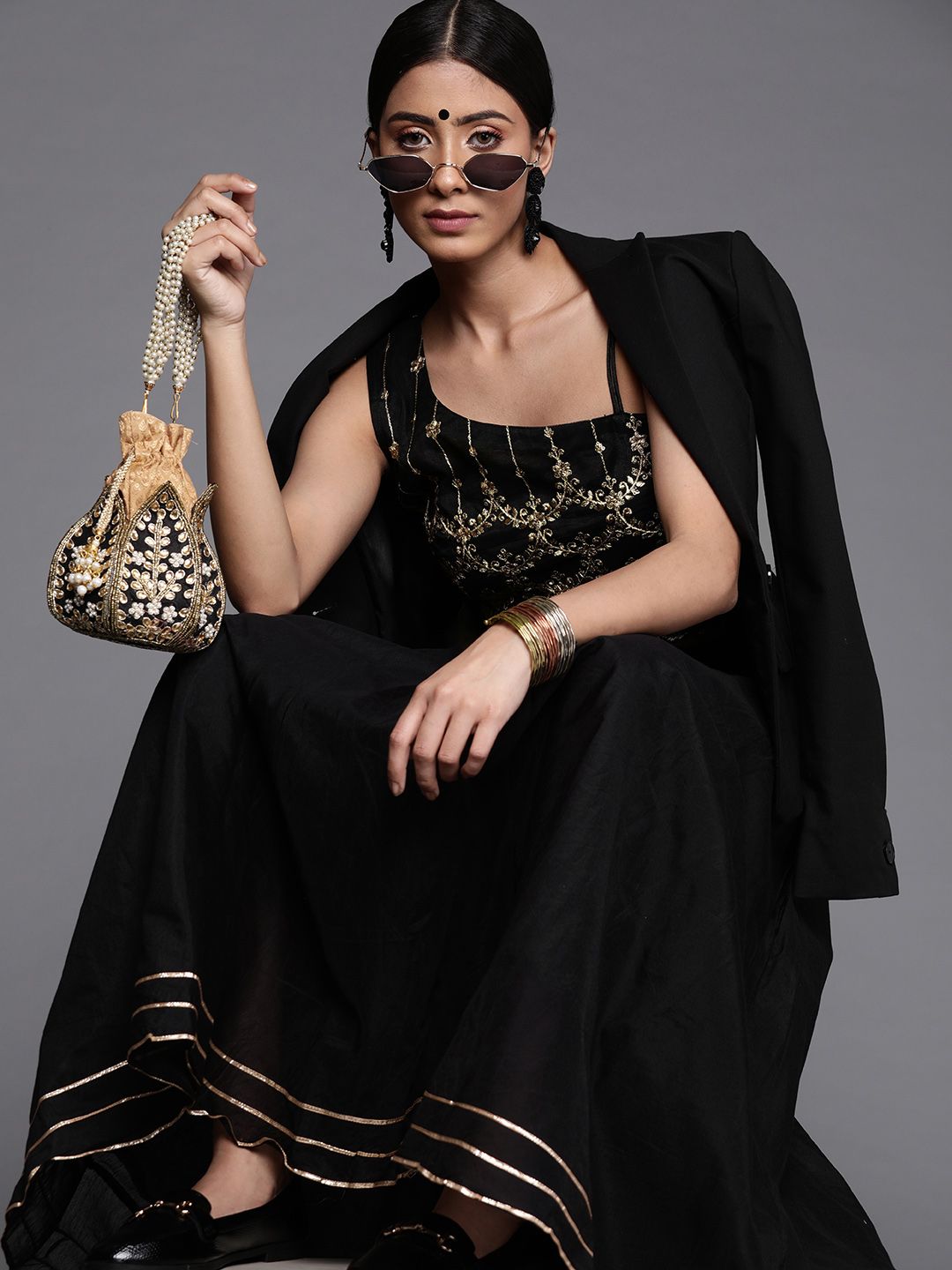 Inddus Women Black & Golden Embroidered Top with Skirt