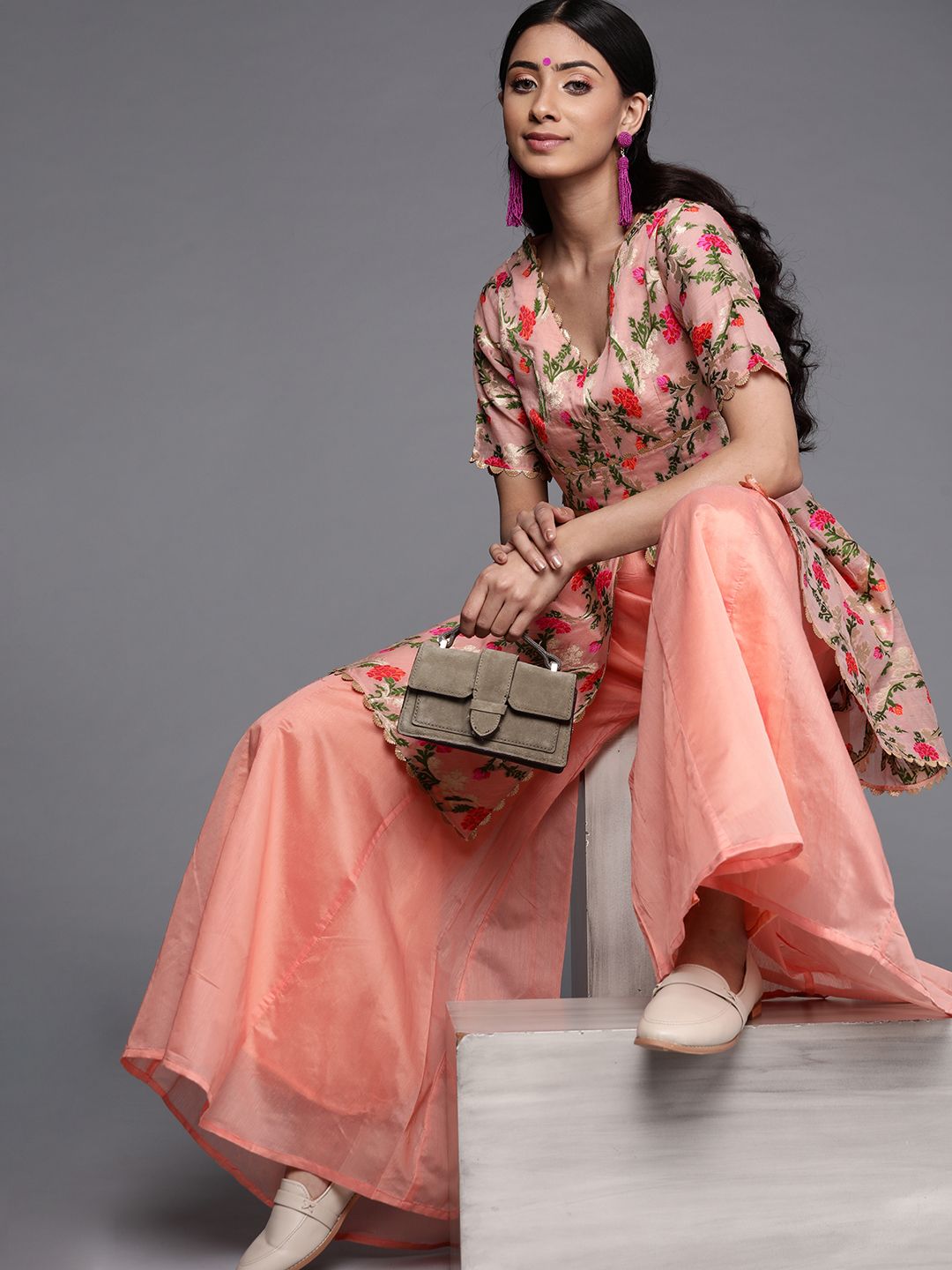 Inddus Women Peach-Coloured & Red Printed Top with Palazzos