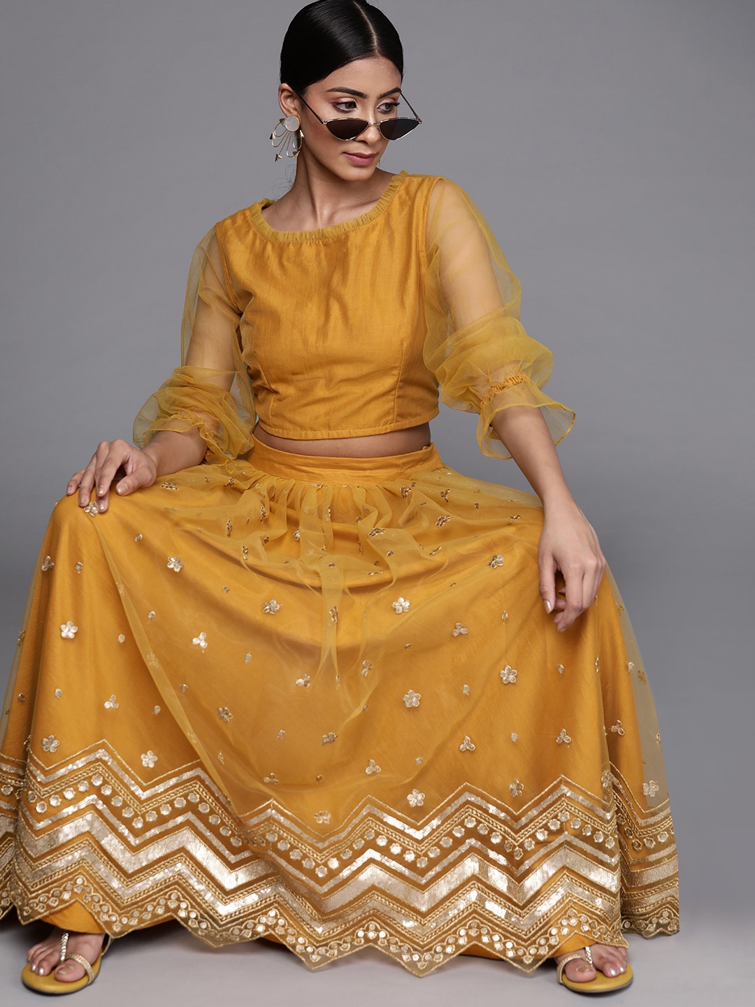 Inddus Women Mustard Yellow & Golden Solid Top with Gotta Patti Work Skirt Price in India