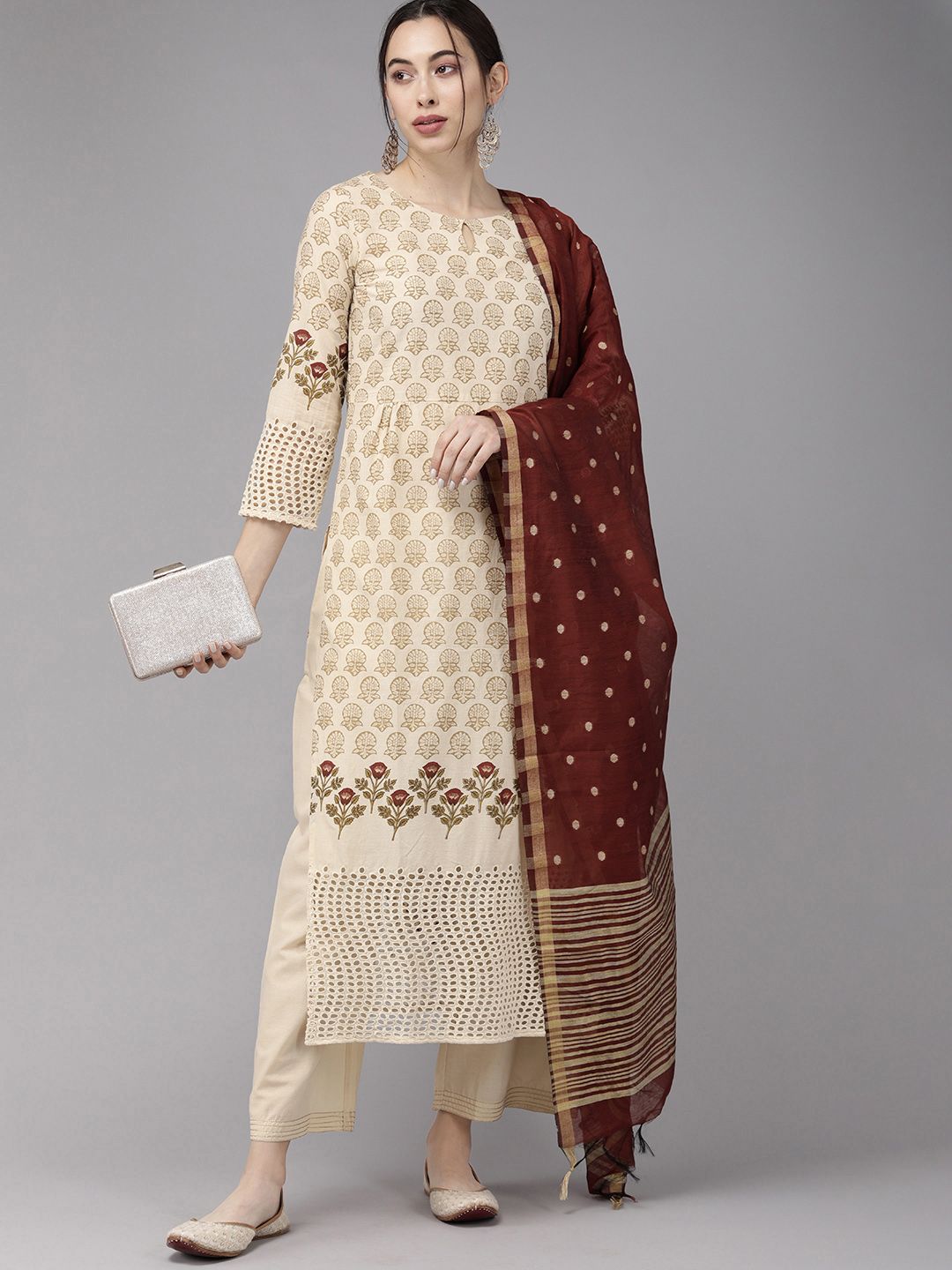 Indo Era Women Cream-Coloured & Maroon Foil Printed Kurta with Palazzos & Dupatta Price in India