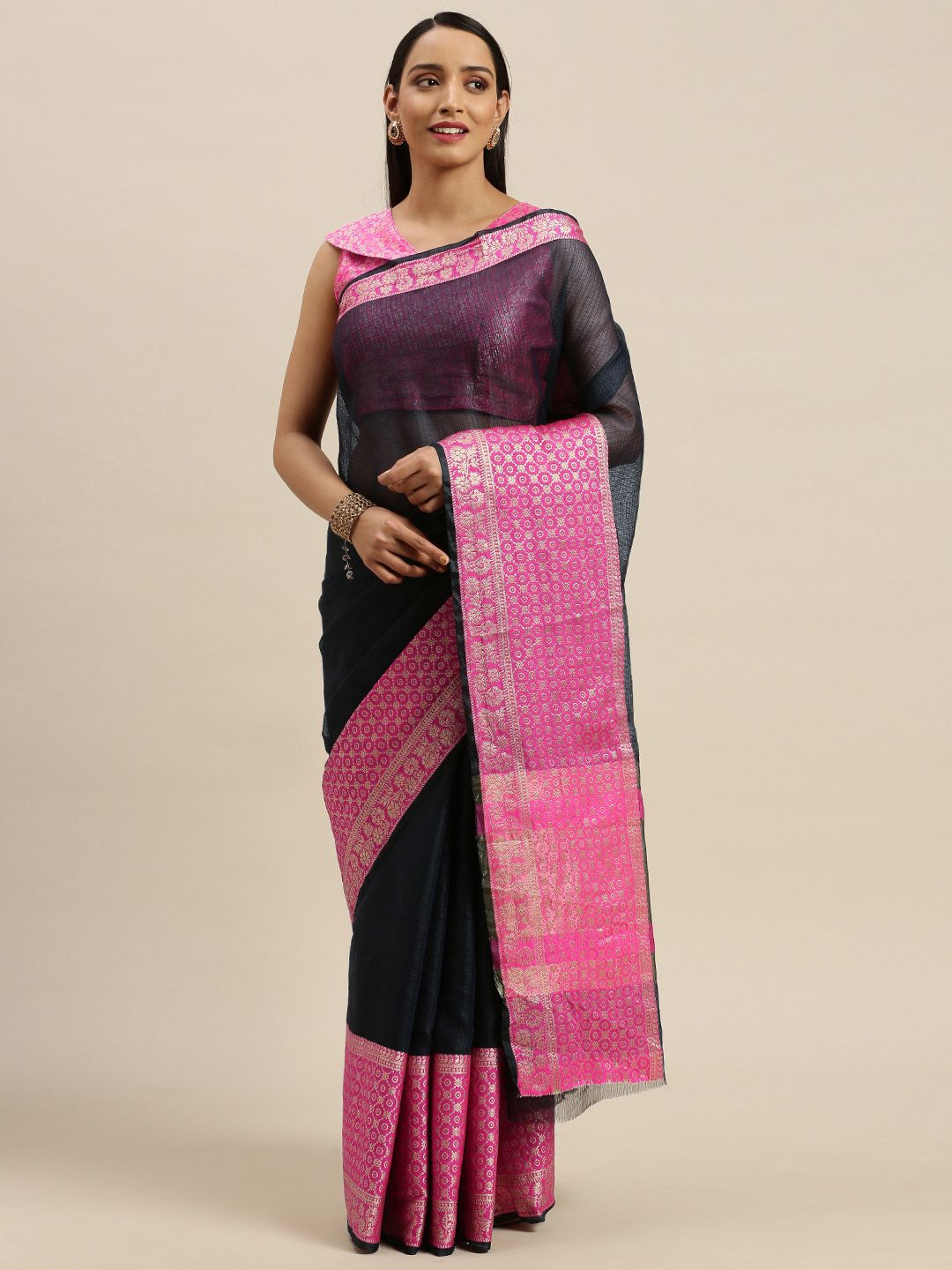 Mitera Black Pure Cotton Solid Banarasi Saree