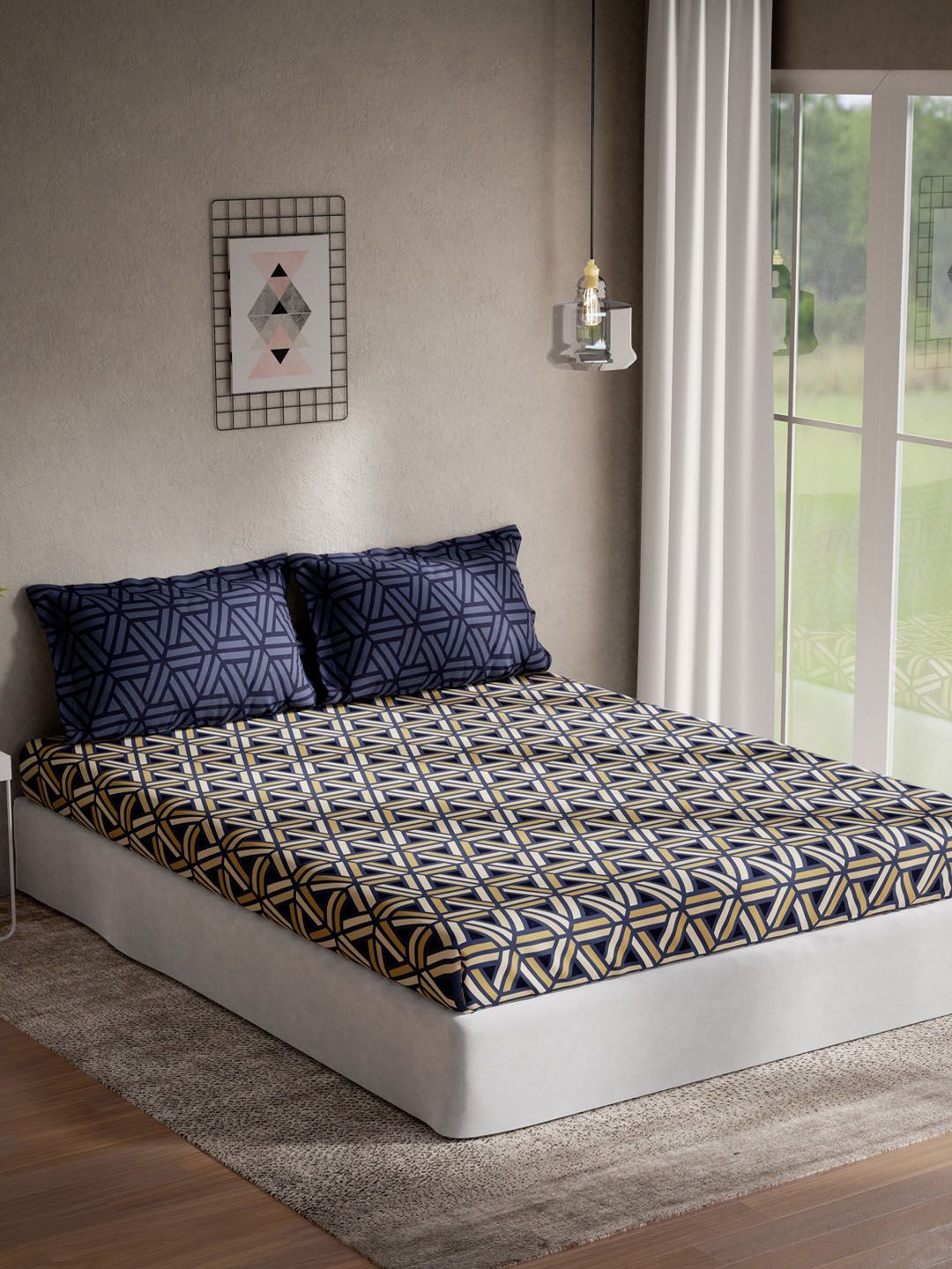 DDecor Navy Blue & Beige Geometric 144 TC Cotton 1  Queen Bedsheet with 2 Pillow Covers Price in India