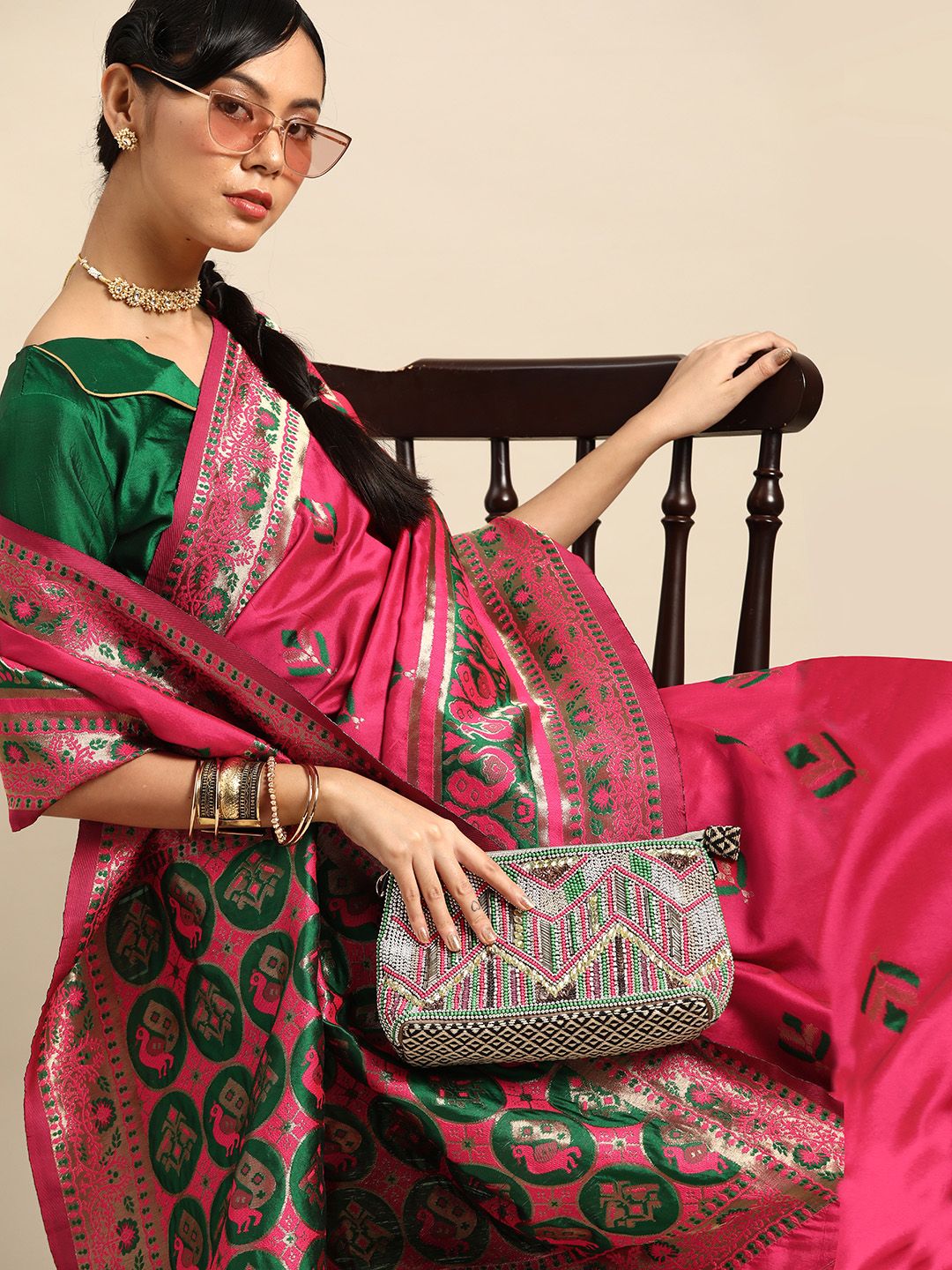 SHAVYA Pink & Green Zari Woven Design Celebrity Patola Saree