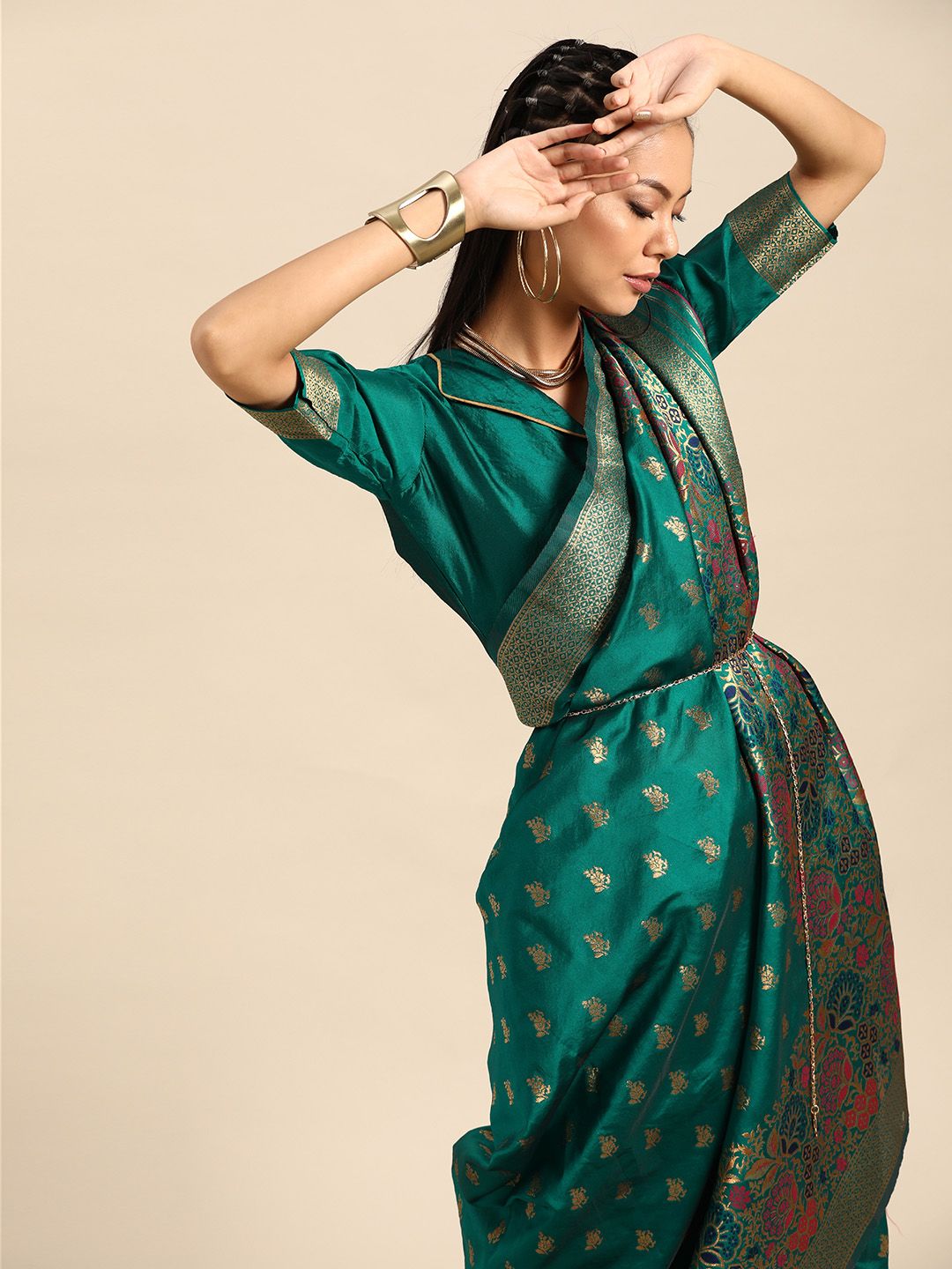 SHAVYA Teal Green & Golden Zari Woven Design Banarasi Saree