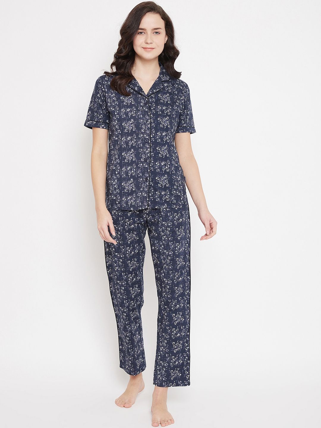 Crimsoune Club Women Navy Blue & Off-White Printed Night suit Price in India