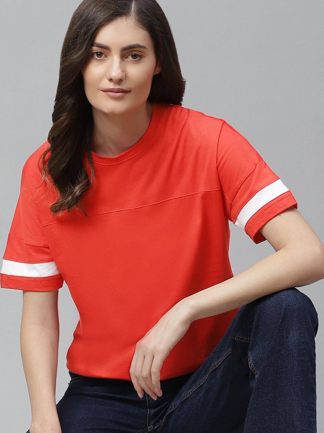 Harvard Women Red Pure Cotton Solid Round Neck T-shirt