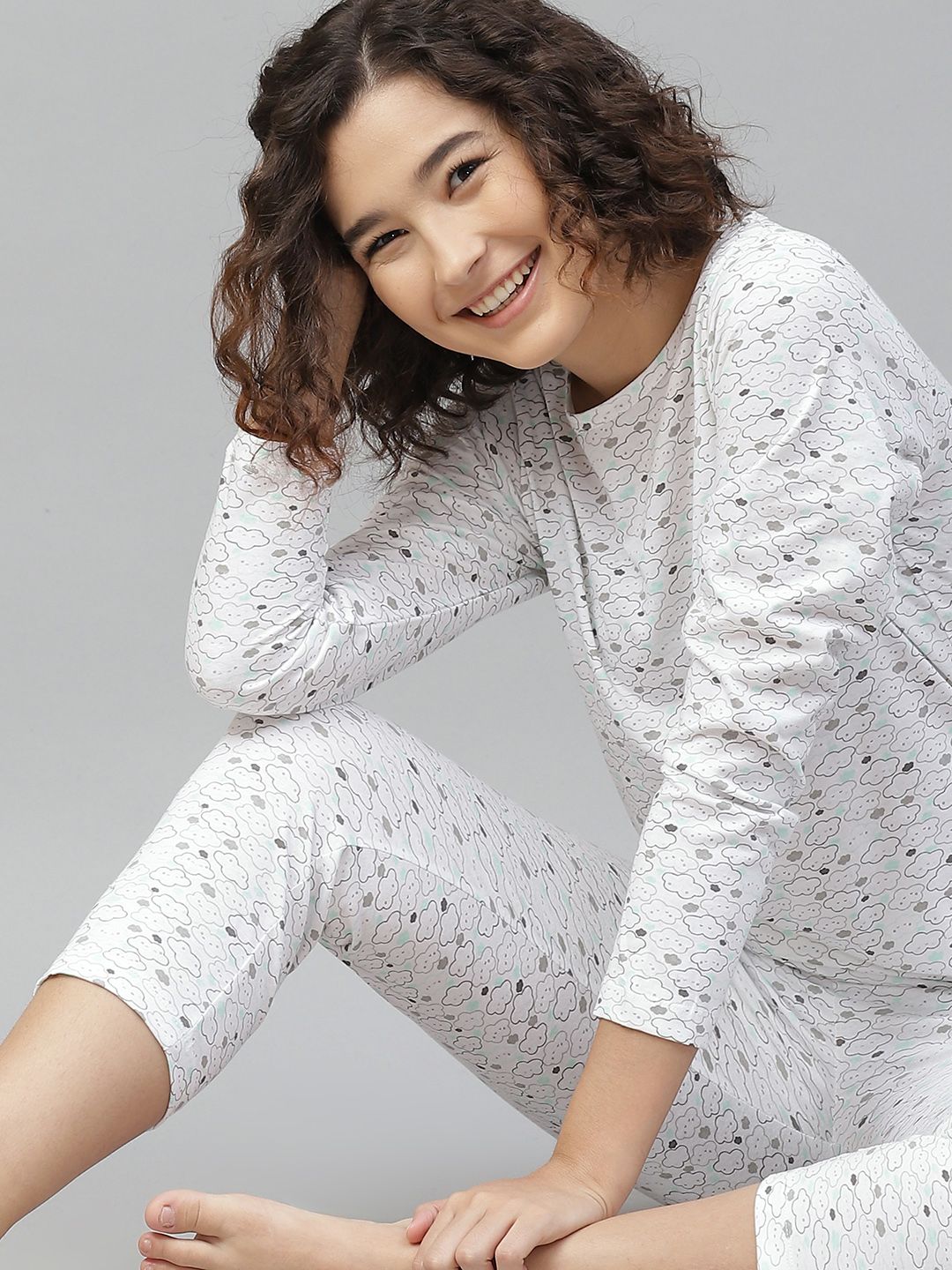 HERE&NOW Women Off-White & Grey Cotton Printed Night suit Price in India