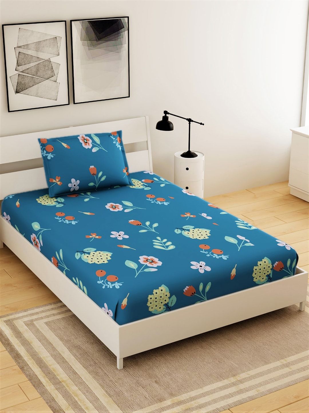 Salona Bichona Teal & Orange Floral 144 TC Polyester 1 Single Bedsheet with 1 Pillow Covers Price in India