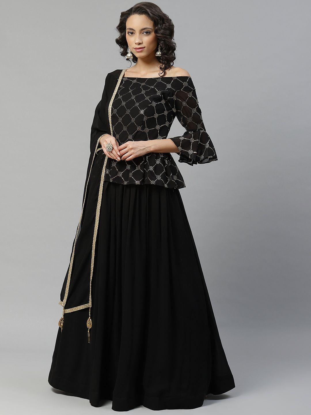 Chhabra 555 Black & Golden Checked Made to Measure Lehenga with Blouse with Dupatta Price in India