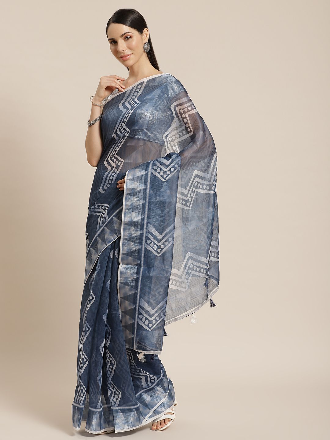 Mitera Blue & White Printed Indigo Saree Price in India