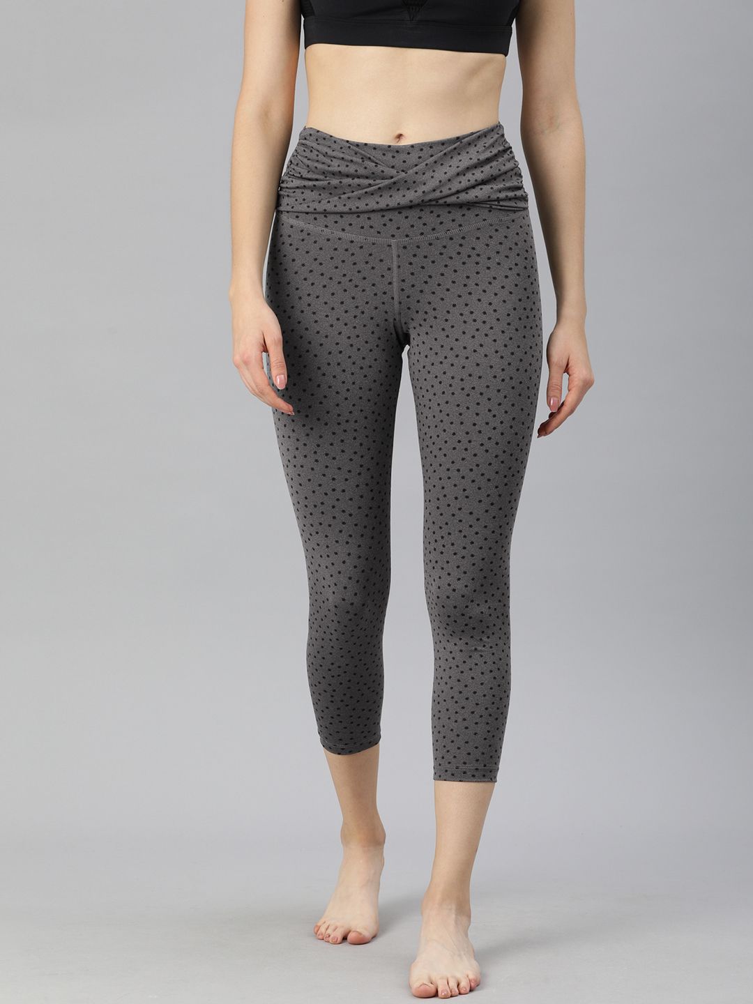 Nike Women Charcoal Grey & White Polka Dots Print Twisted Detail 7/8 Yoga Dots Tights Price in India