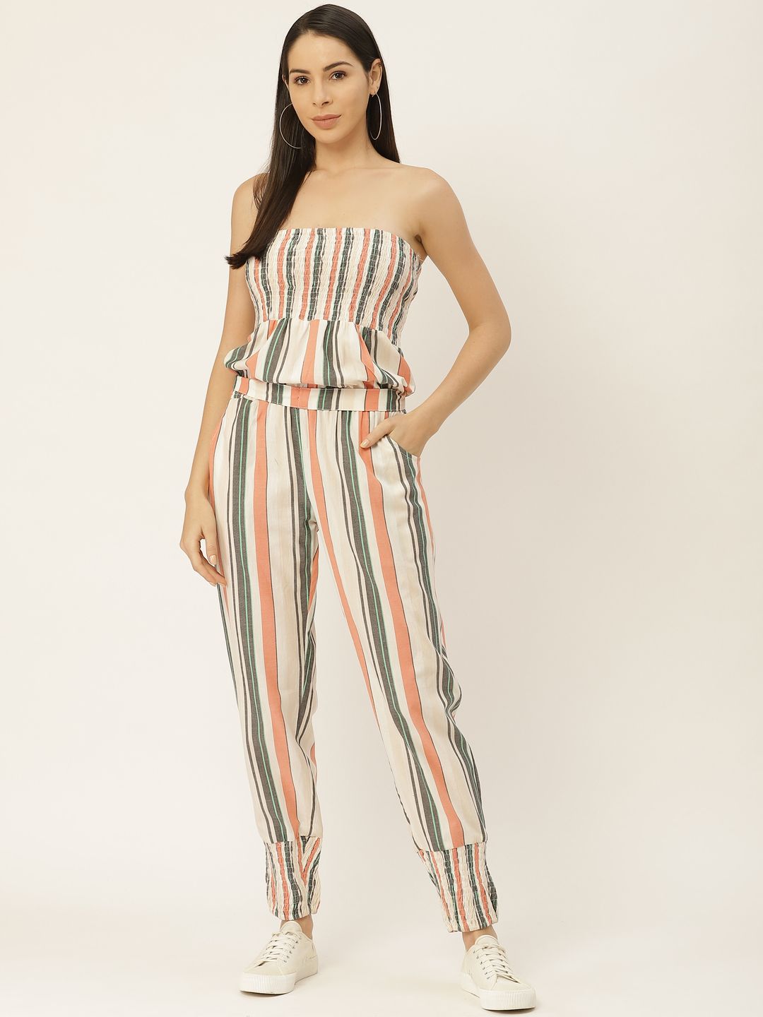 Belle Fille Women Off-White & Peach-Coloured Cotton Striped Basic Strapless Jumpsuit Price in India