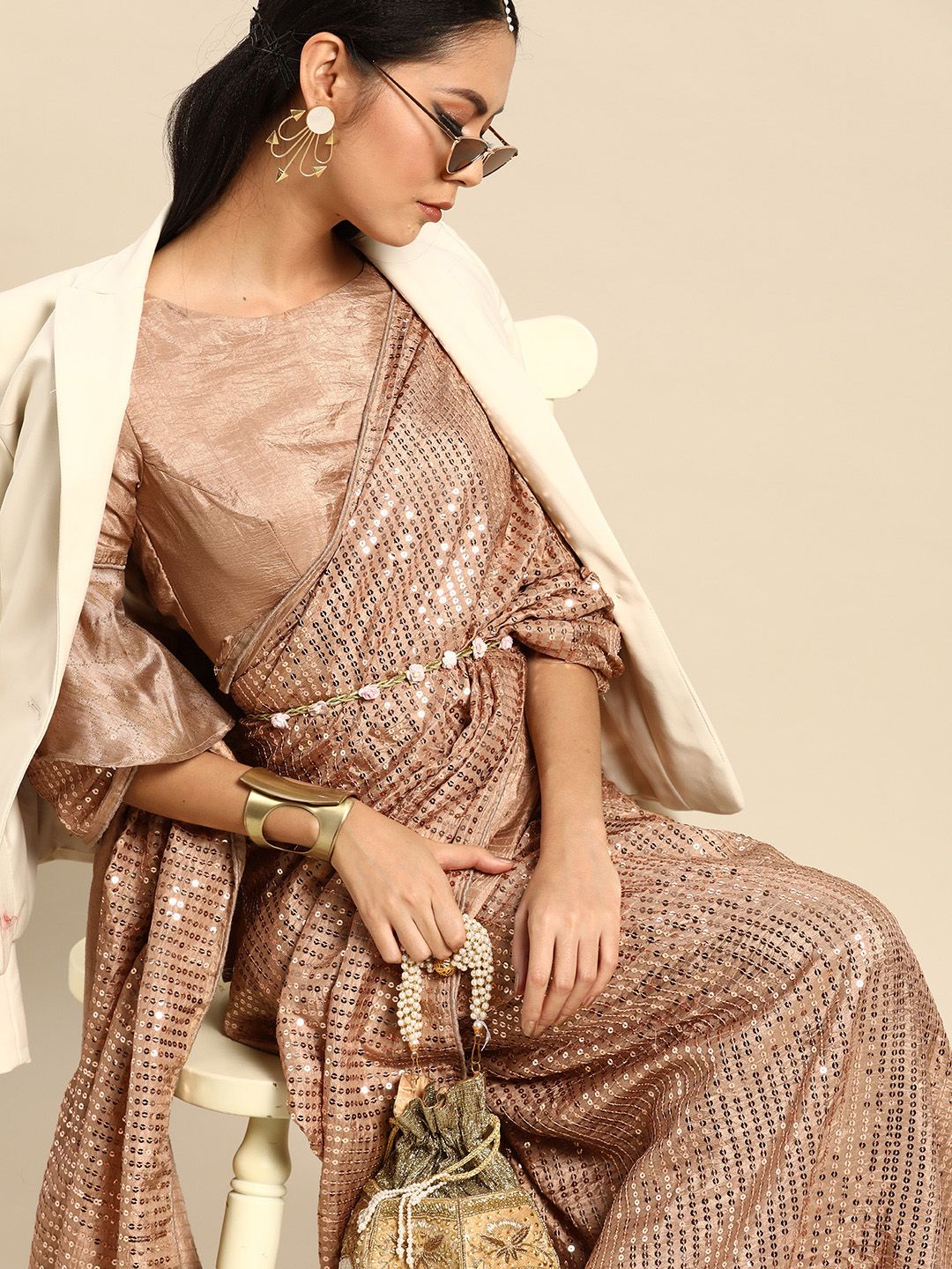 Tikhi Imli Beige Sequinned Saree Price in India
