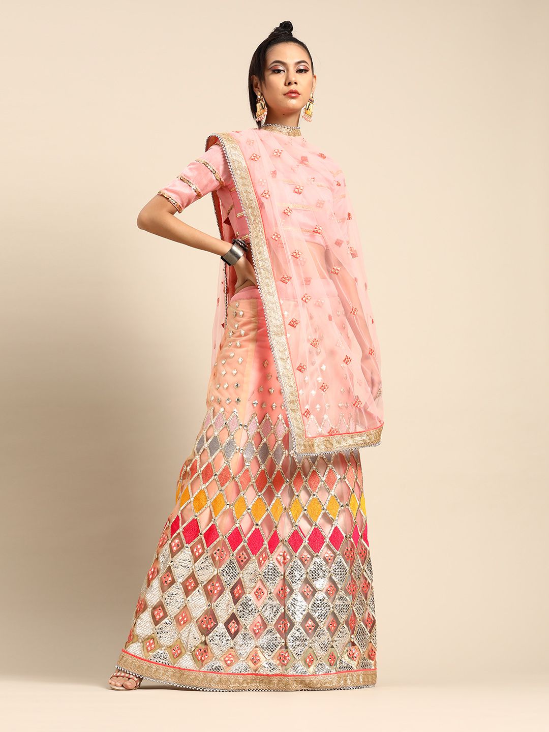 Tikhi Imli Pink & Golden Embellished Gotta Patti Net Lehenga Saree