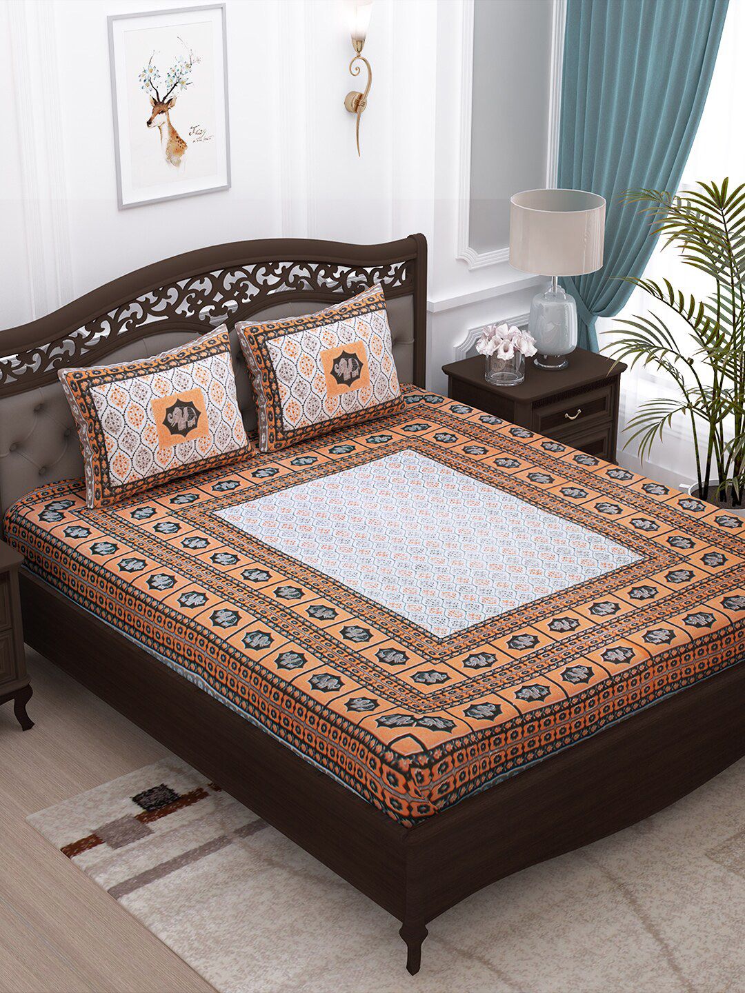 Story@home Peach-Coloured & Black Ethnic Motifs 152 TC Cotton 1  King Bedsheet with 2 Pillow Covers Price in India