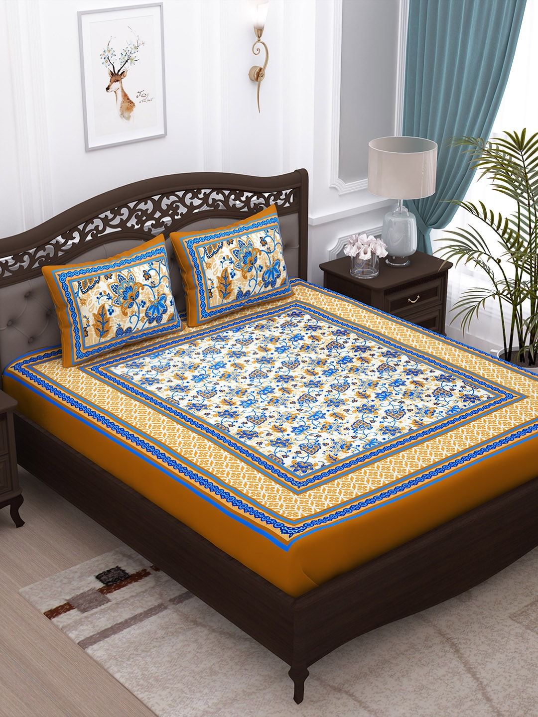 Story@home Yellow & Blue Ethnic Motifs 152 TC Cotton 1  Queen Bedsheet with 2 Pillow Covers Price in India
