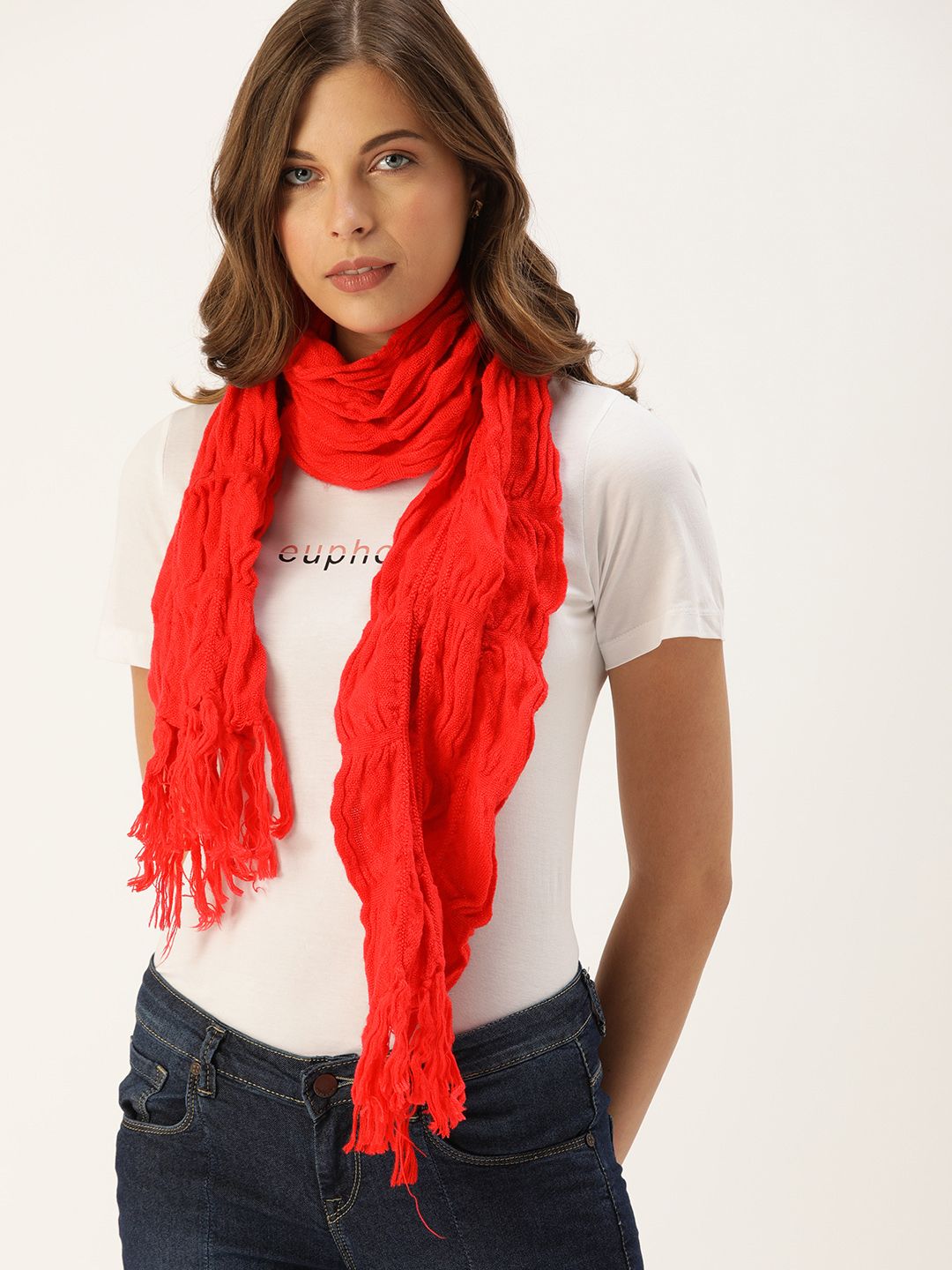 Ayesha Women Red Solid Scarf with Crinkle Effect Price in India