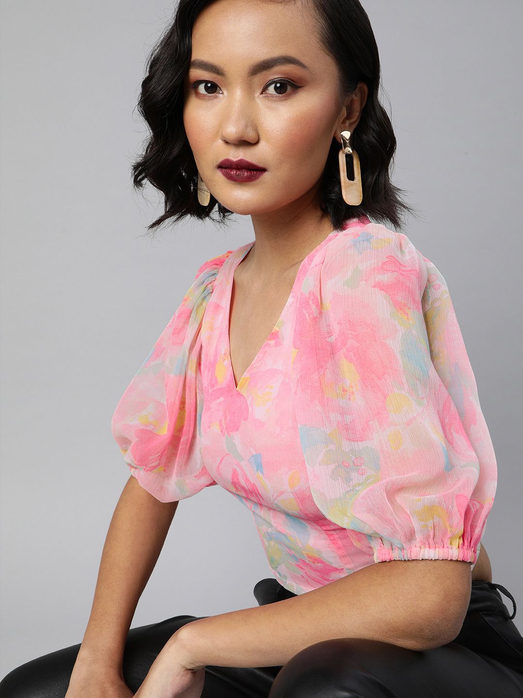 Sera Pink & Multicoloured Floral Printed Puff Sleeves Chiffon Blouson Crop Top Price in India