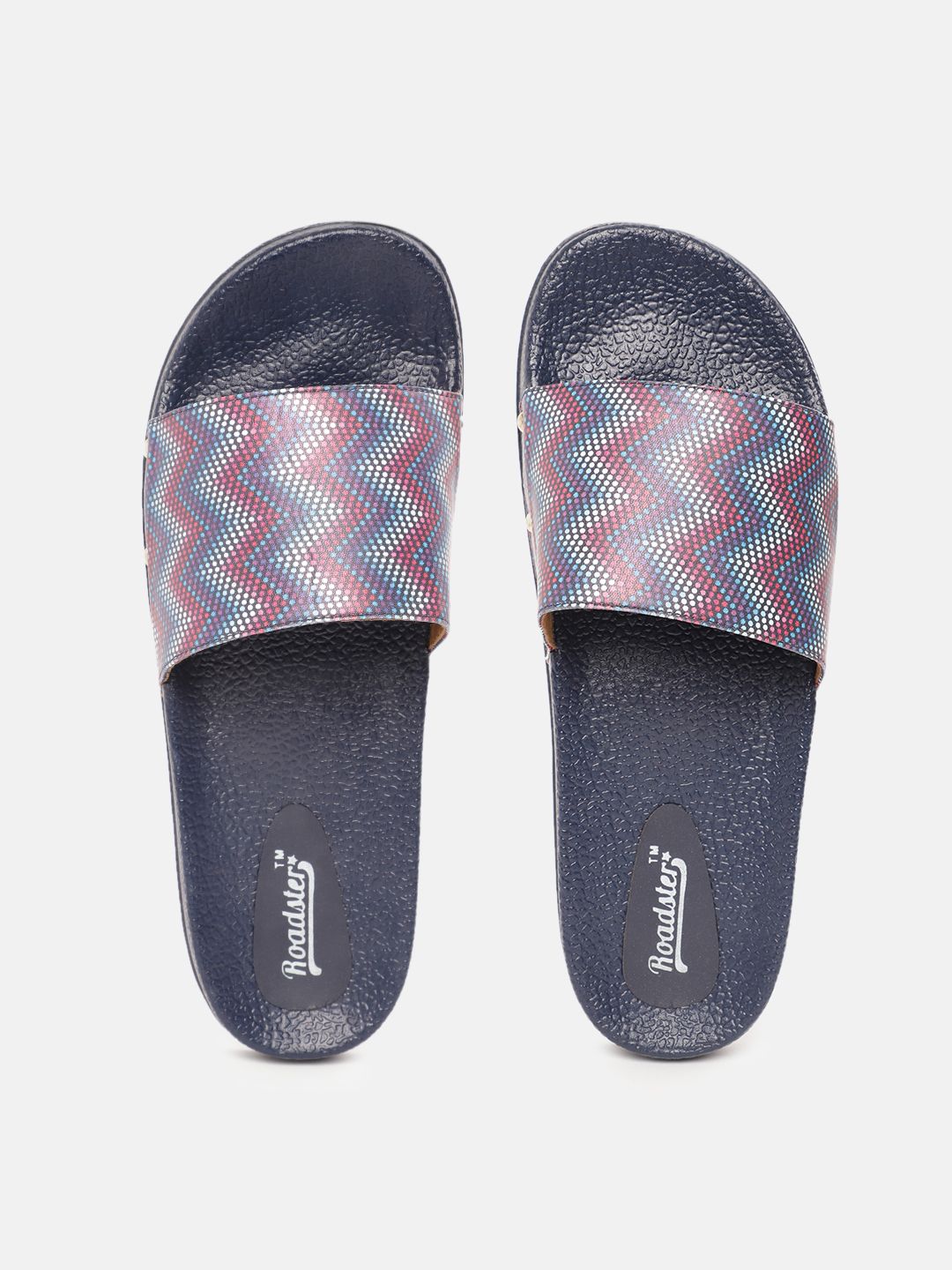Roadster Women Blue & Pink Dotted Chevron Print Sliders Price in India