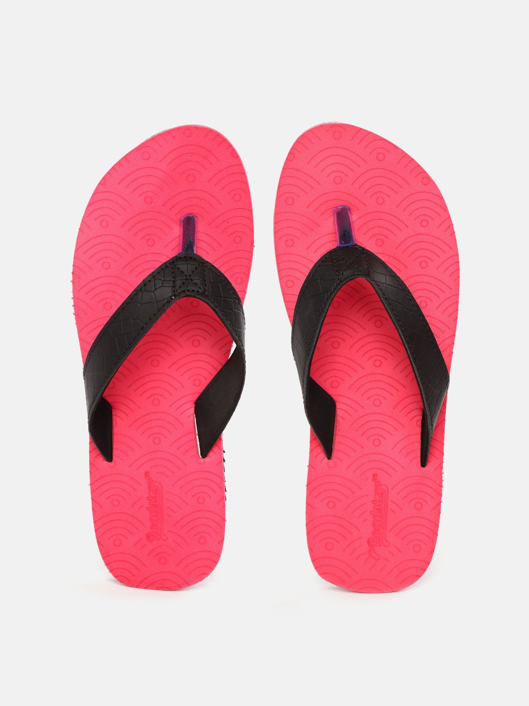 Roadster Women Black & Coral Pink Croc Textured Thong Flip-Flops