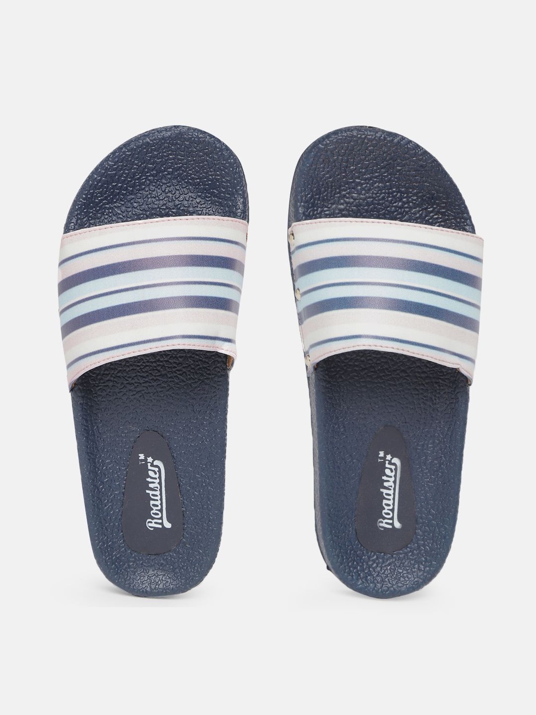 Roadster Women White & Navy Blue Striped Sliders Price in India