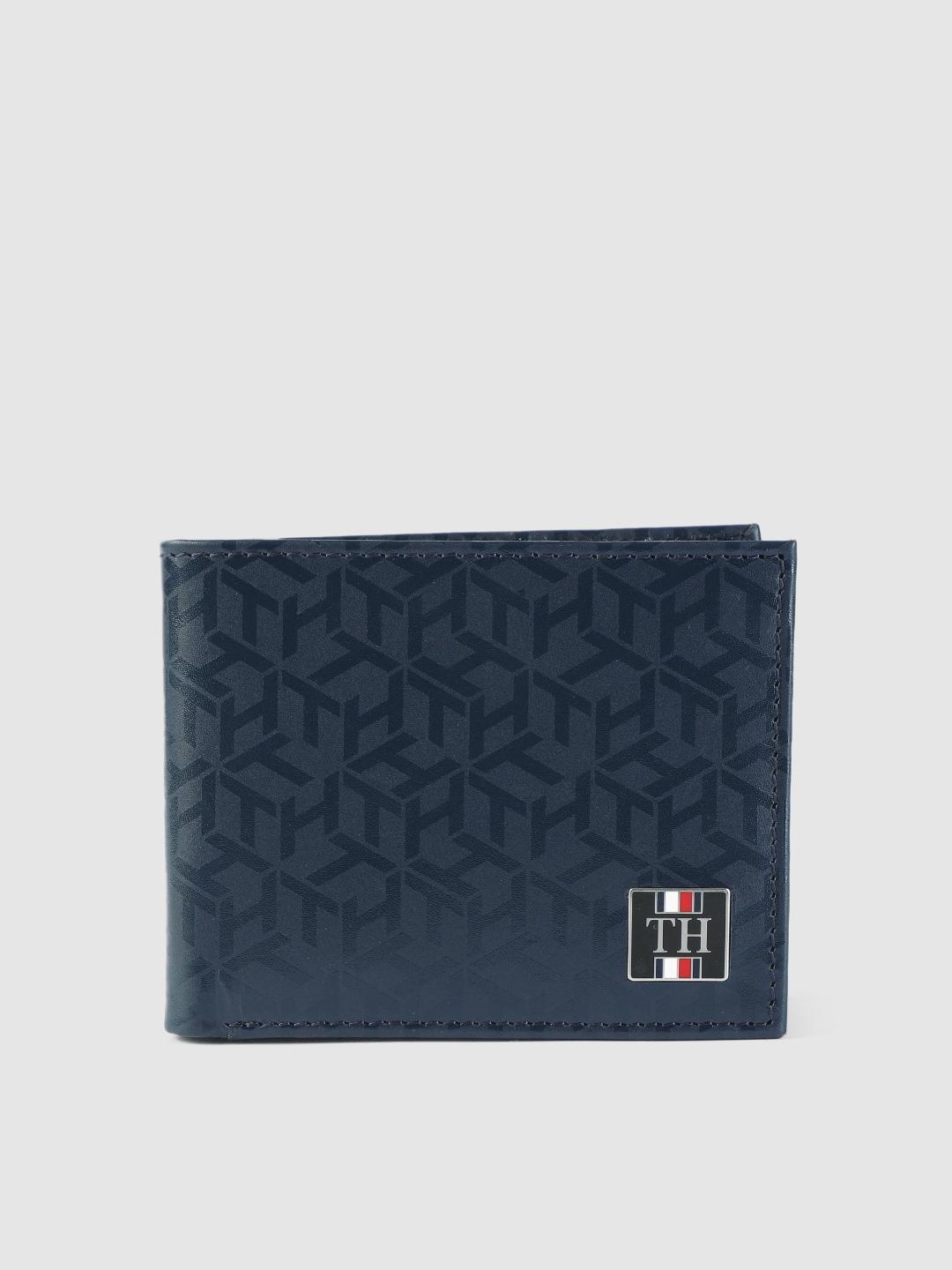 Tommy Hilfiger Men Navy Blue Printed Leather Two Fold Wallet