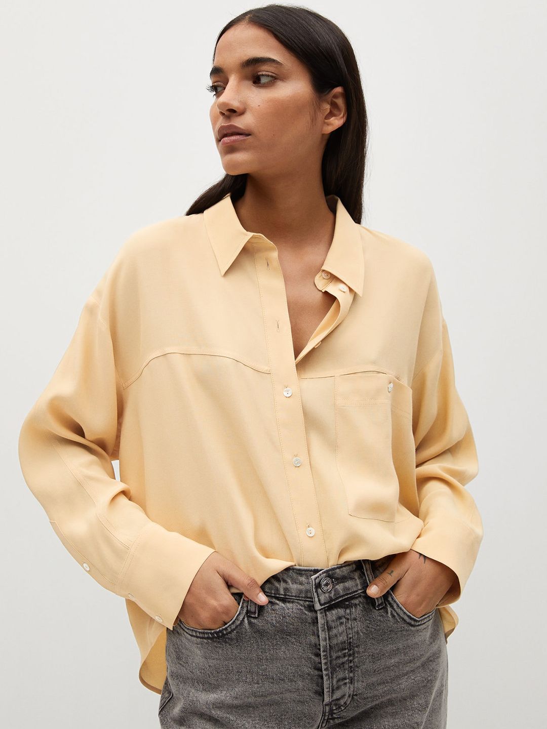 MANGO Women Yellow Oversize Solid Casual Shirt