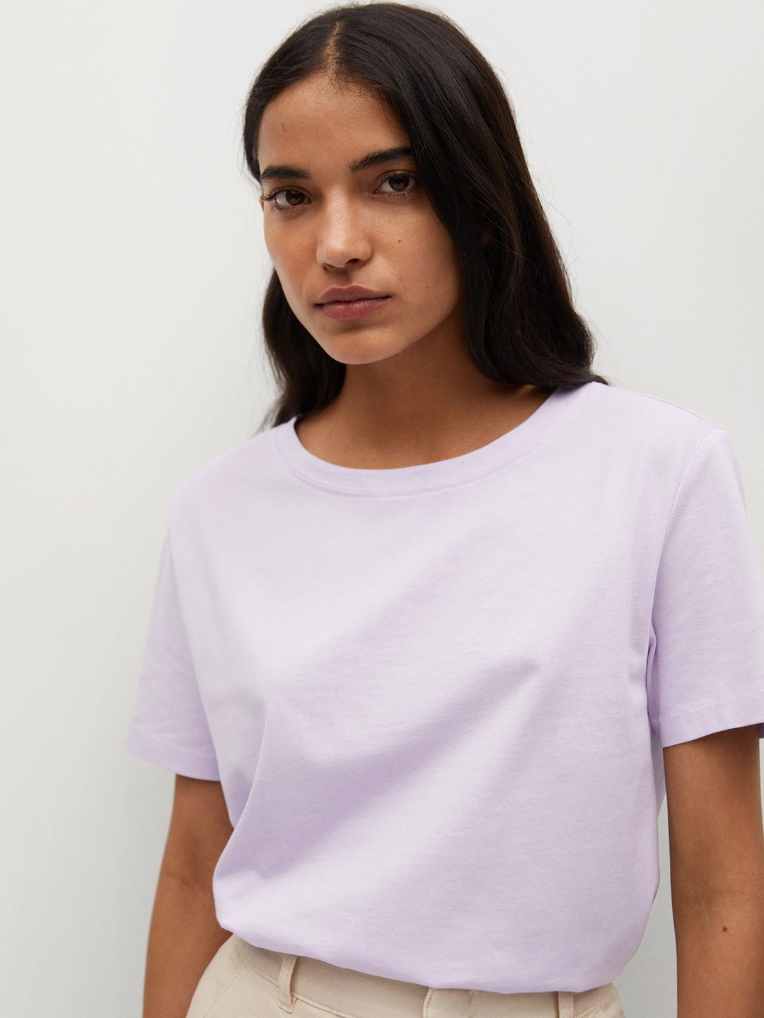 MANGO Women Lavender Solid Organic Cotton Round Neck T-shirt