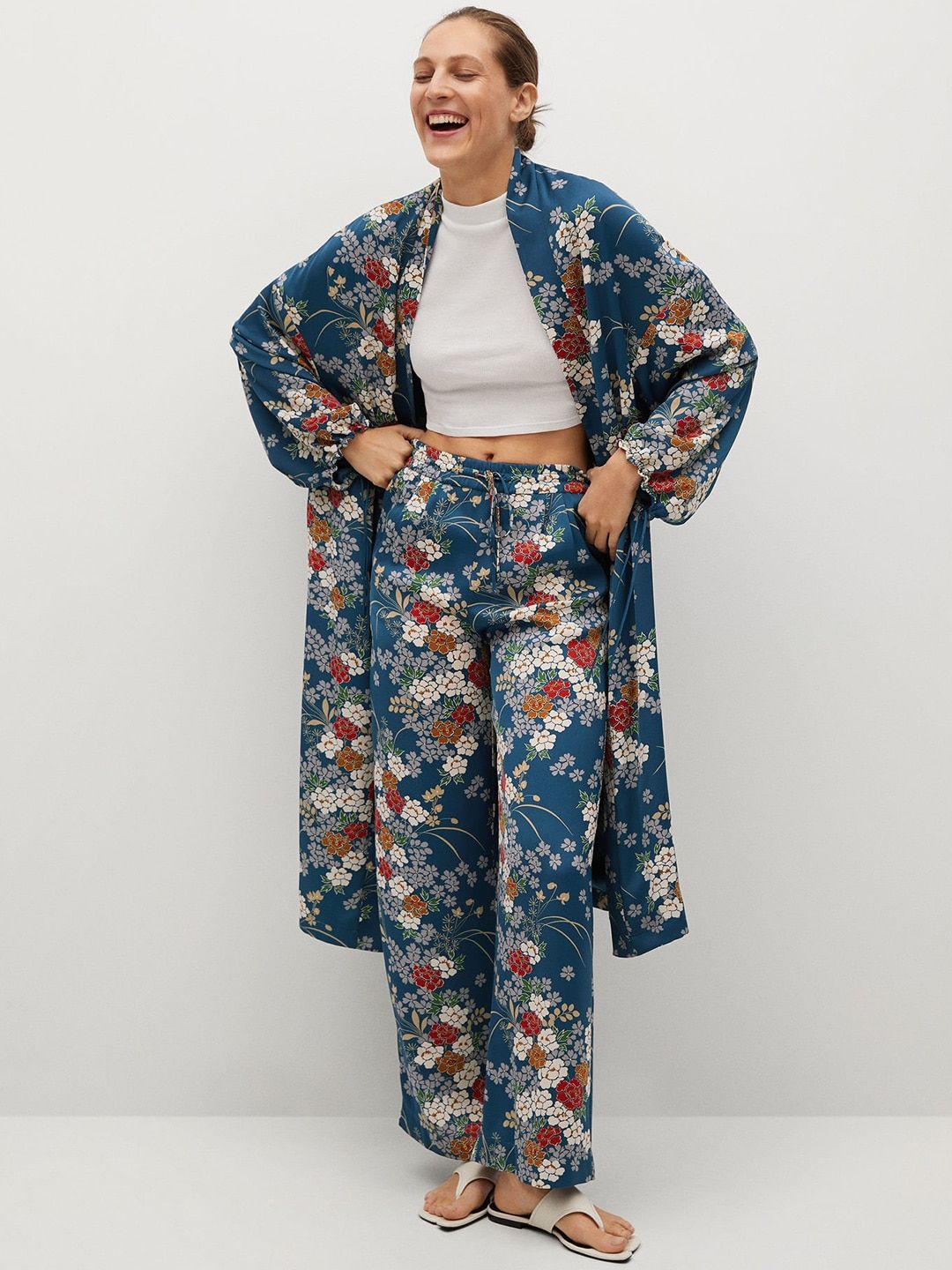 MANGO Women Blue & White Floral Printed Longline Shrug Price in India