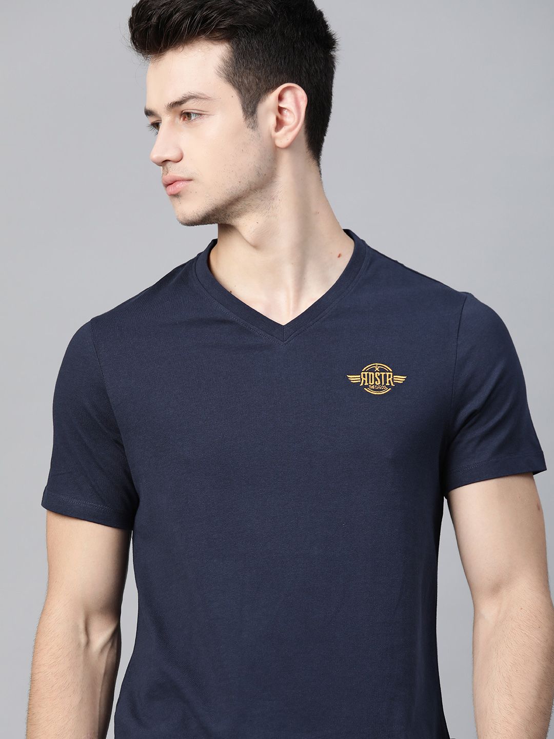 Roadster Men Navy Blue Brand Logo V-Neck Pure Cotton T-shirt