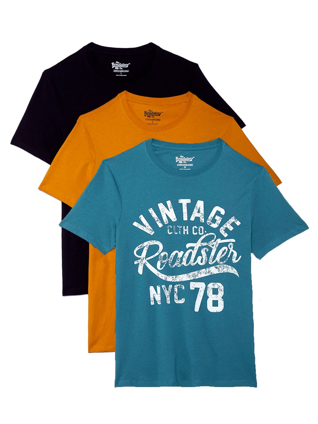 Roadster Men Pack of 3 Cotton Round Neck Printed T-Shirt
