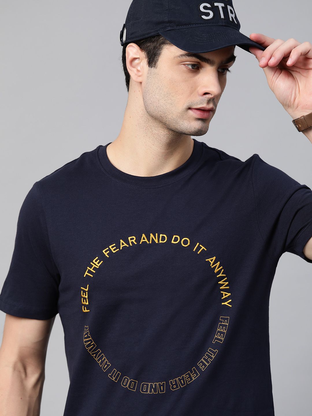 Roadster Men Navy Blue  Mustard Yellow Typography Printed Pure Cotton T-shirt