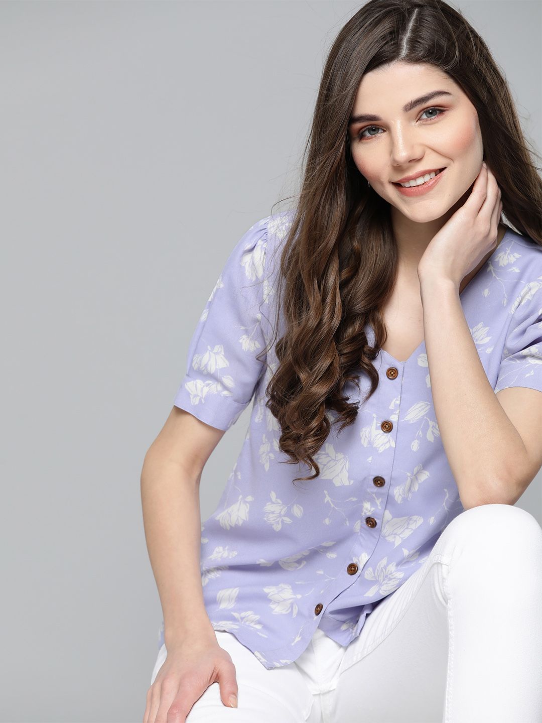 HERE&NOW Women Lavender & White Floral Printed Top Price in India