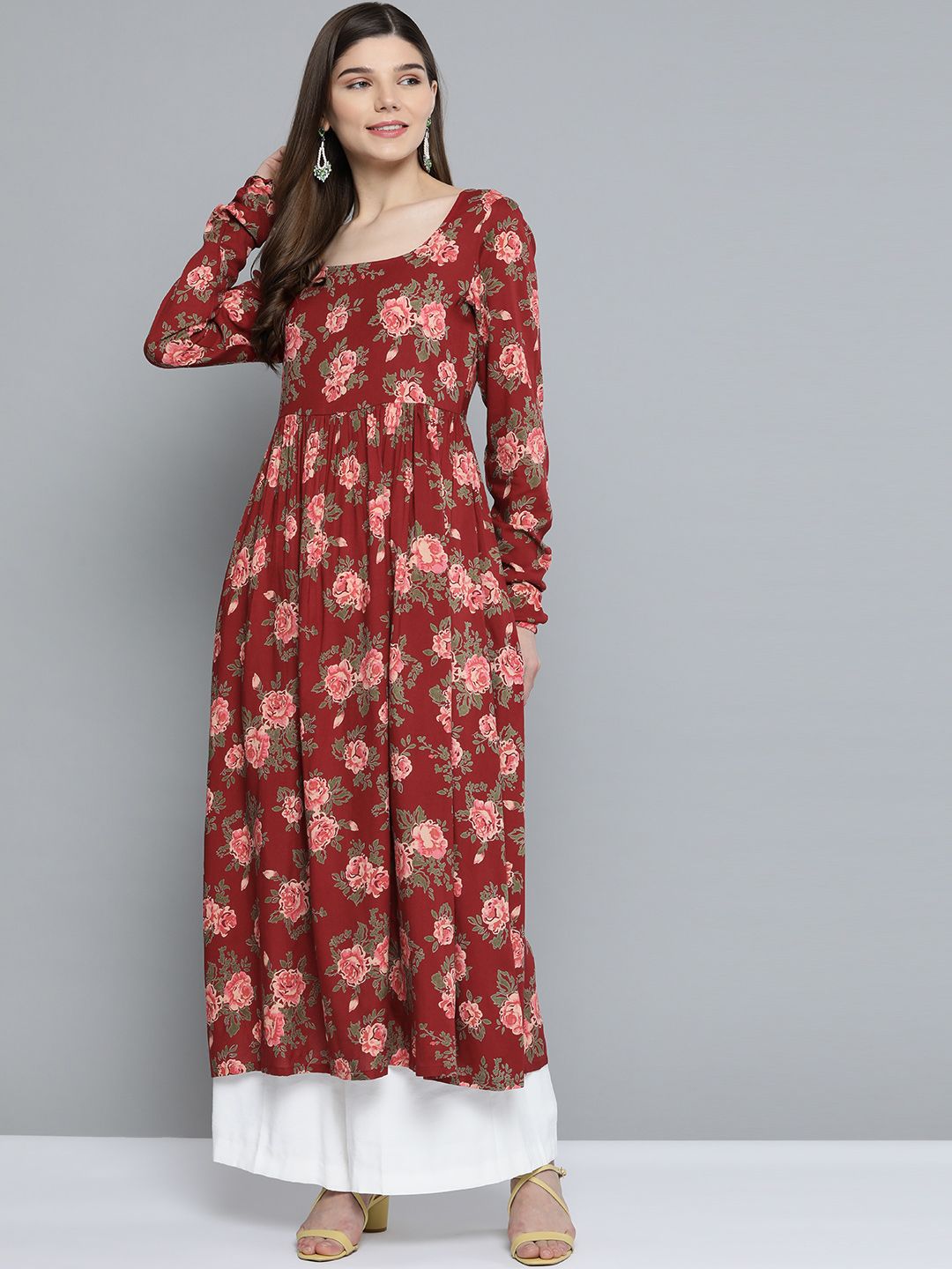 HERE&NOW Women Maroon & Peach-Coloured Floral Printed Floral Kurta