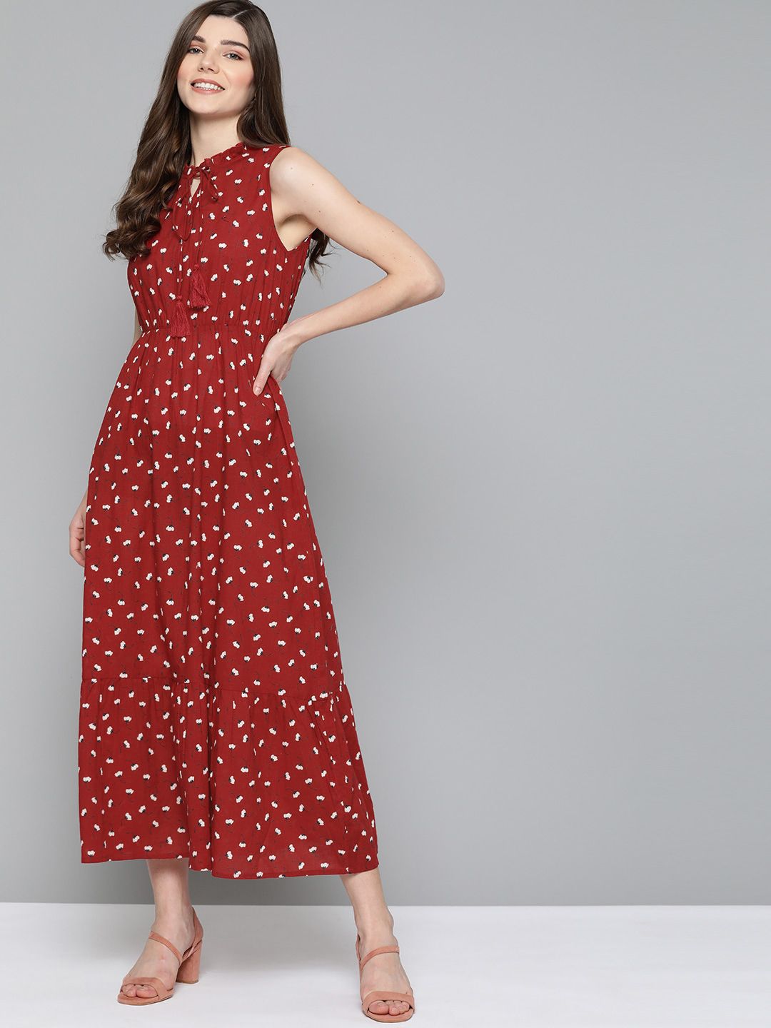 HERE&NOW Women Maroon & White Pure Cotton Printed Maxi Dress Price in India
