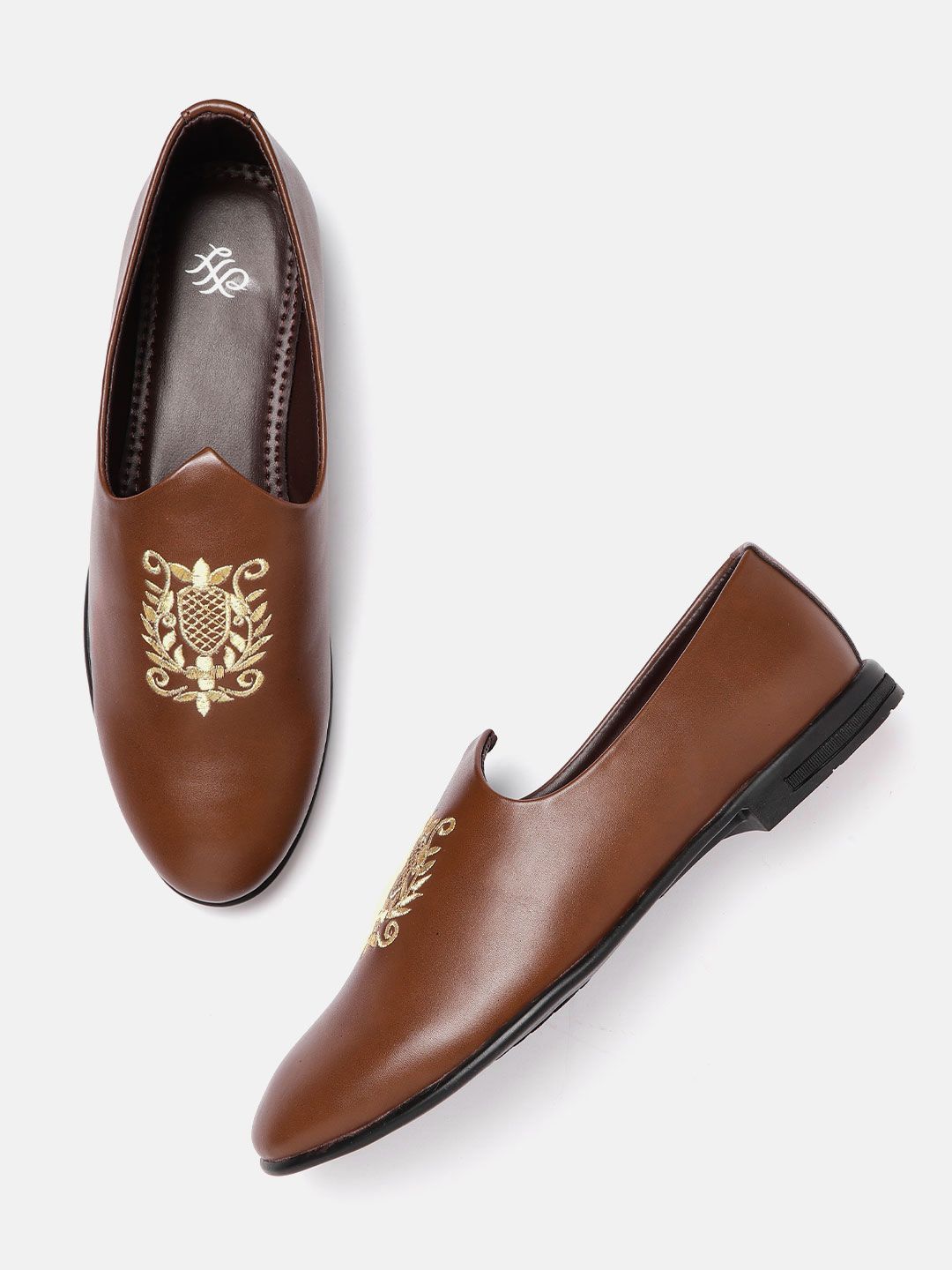 House Of Pataudi Men Brown & Gold-toned Handcrafted Emblem Embroidered Slip-ons