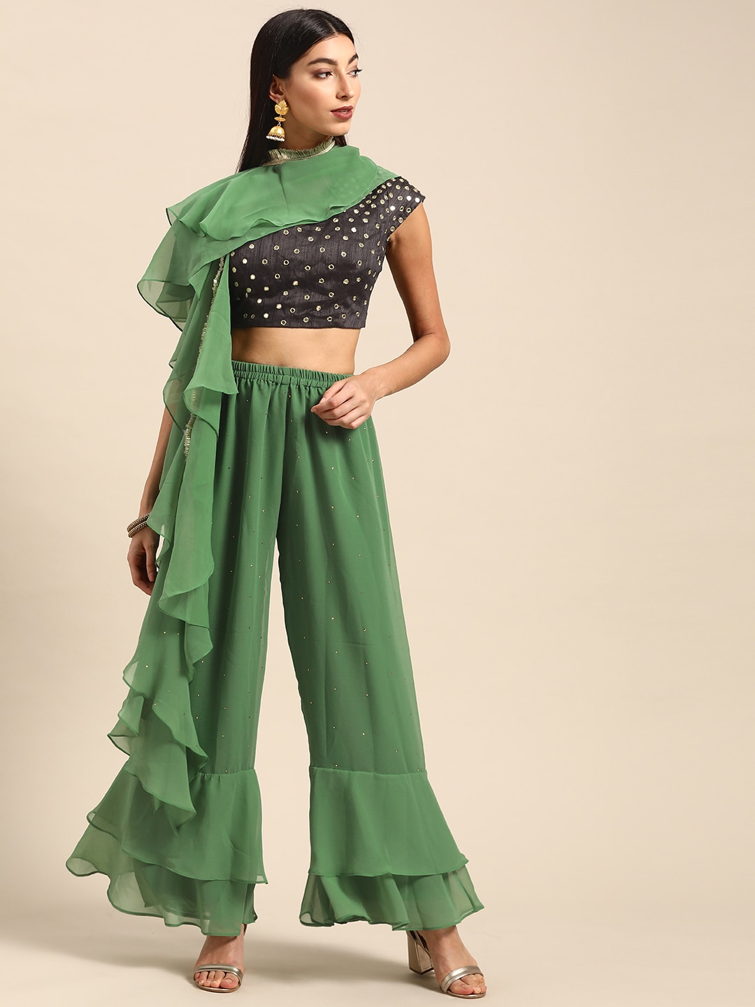 Shaily Women Charcoal Grey & Green Mirror-Work Top with Palazzos & Dupatta Price in India