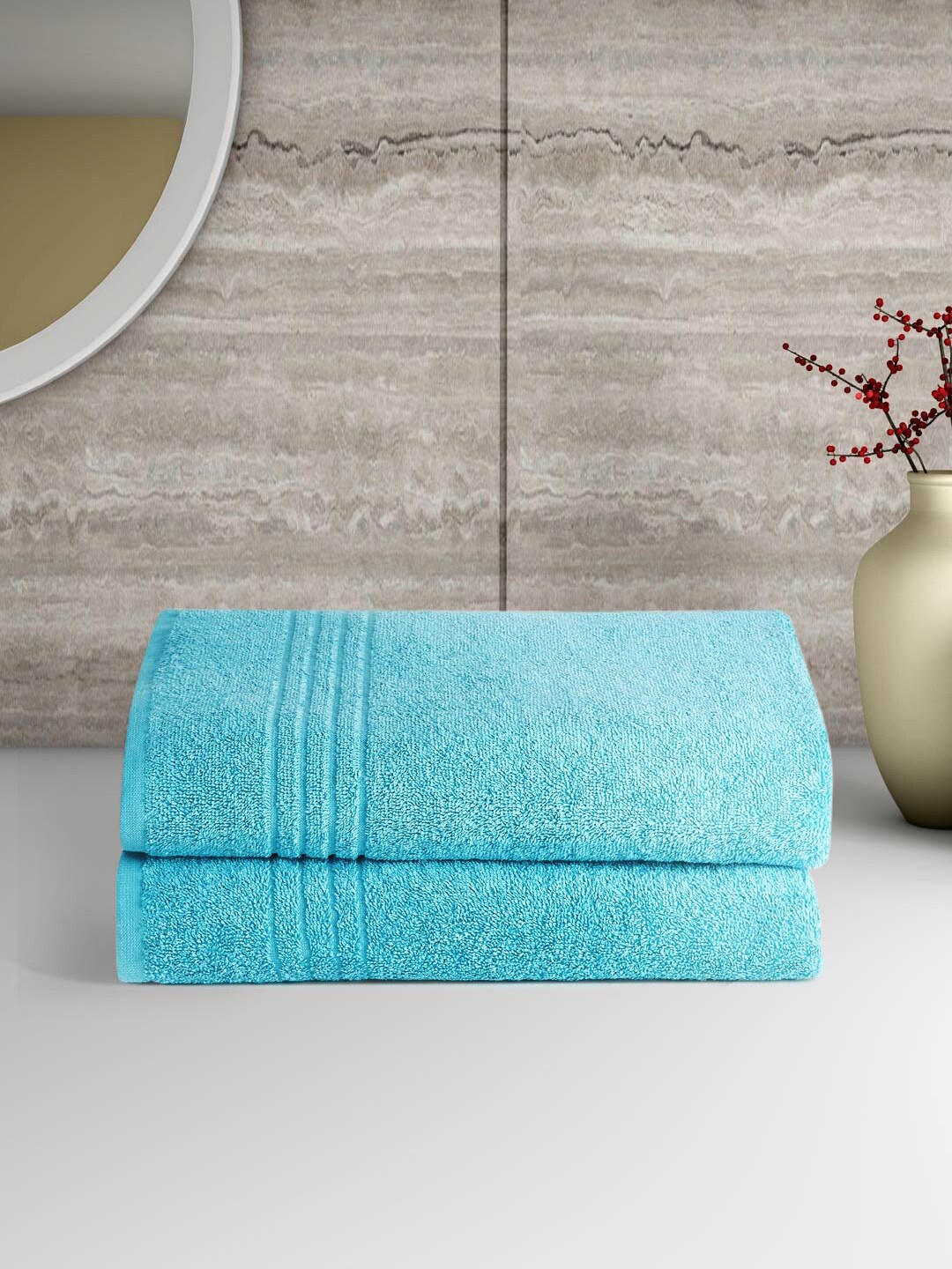 Aura Unisex Set of 2 Turquoise Blue Pure Cotton 450 GSM Bath Towels Price in India
