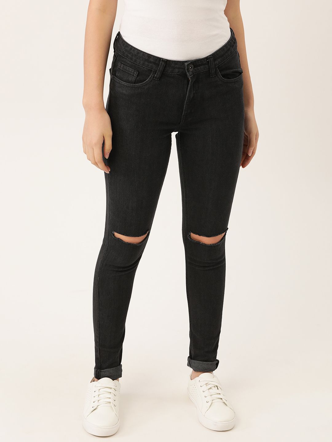 ether Women Black Skinny Fit Slash Knee Stretchable Jeans Price in India