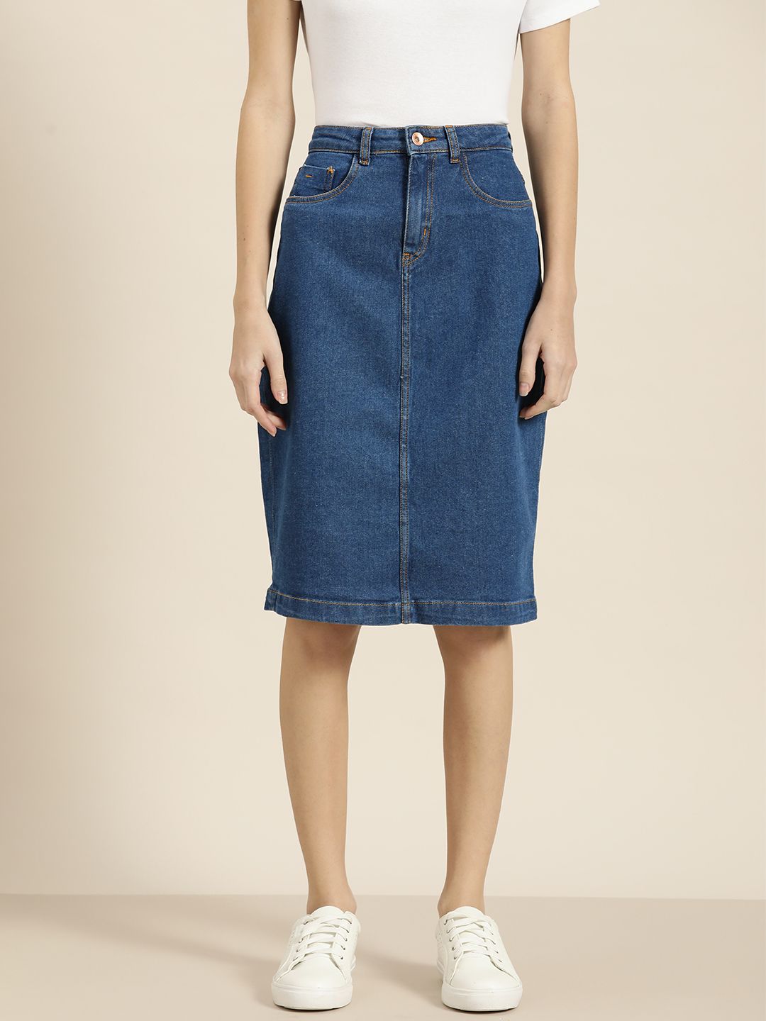 ether Women Blue Solid Denim Straight Skirt