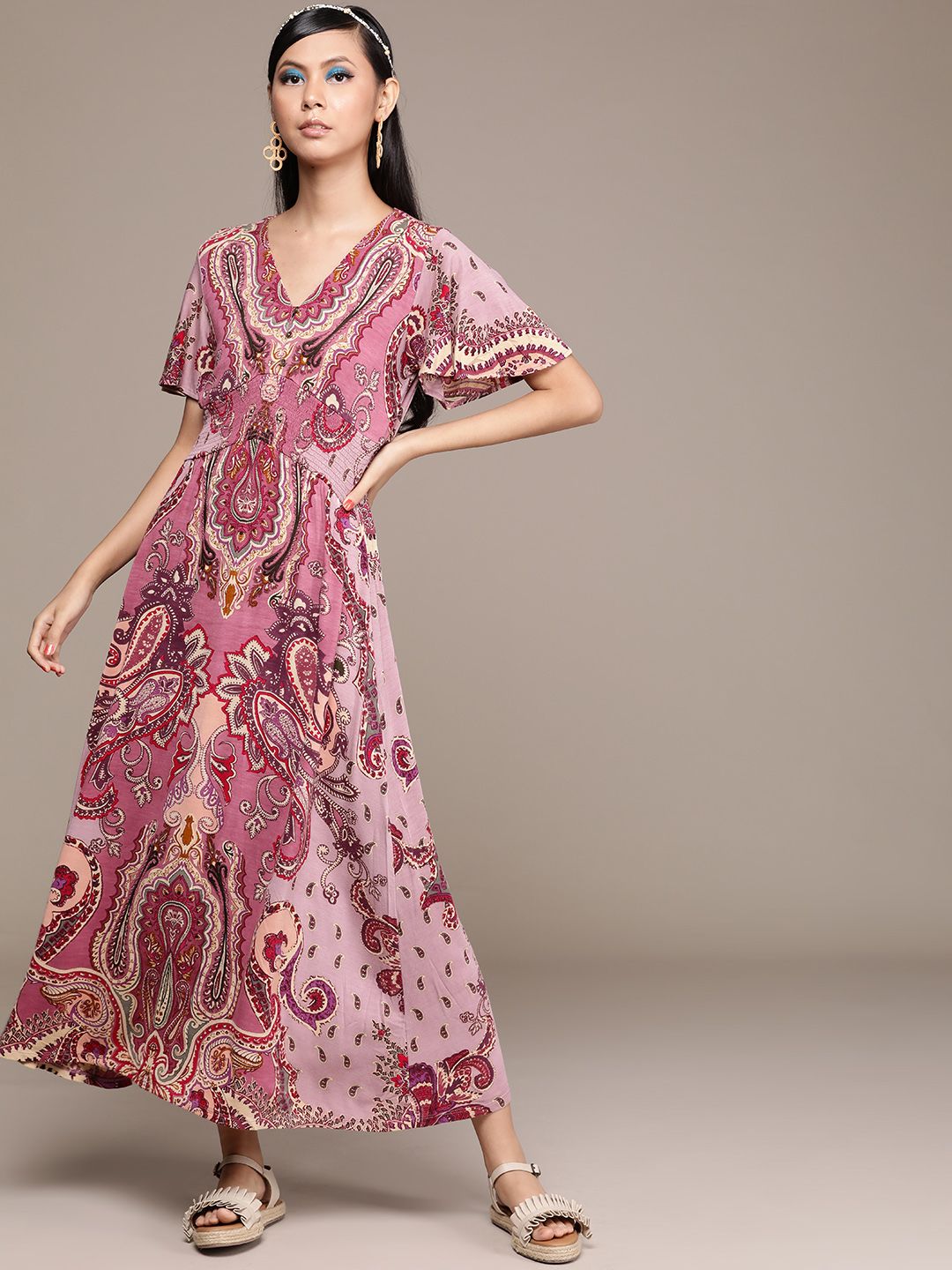 Label Ritu Kumar Purple Ethnic Motifs Print Smoked Maxi Dress