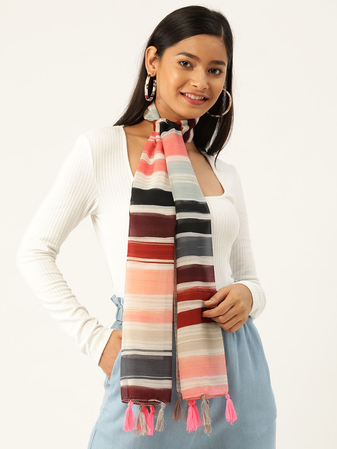 Trend Arrest Women Pink & Maroon Striped Scarf Price in India