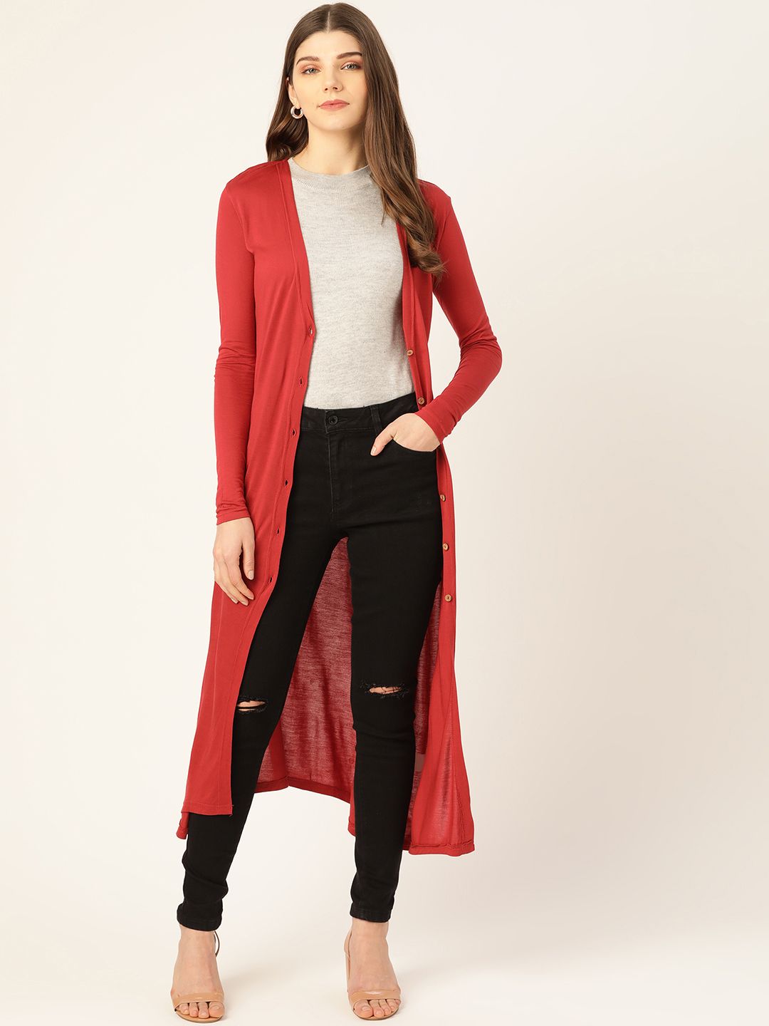 Trend Arrest Women Rust Red Solid Button Shrug Price in India