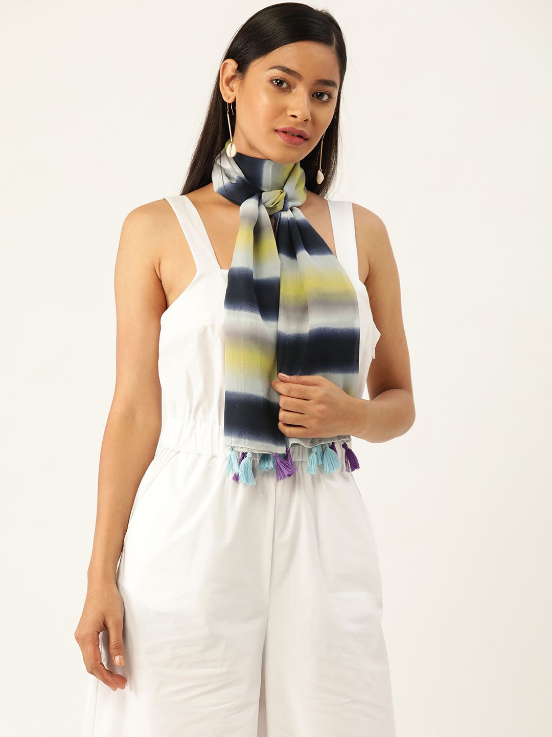 Trend Arrest Women Navy Blue & Yellow Striped Scarf Price in India